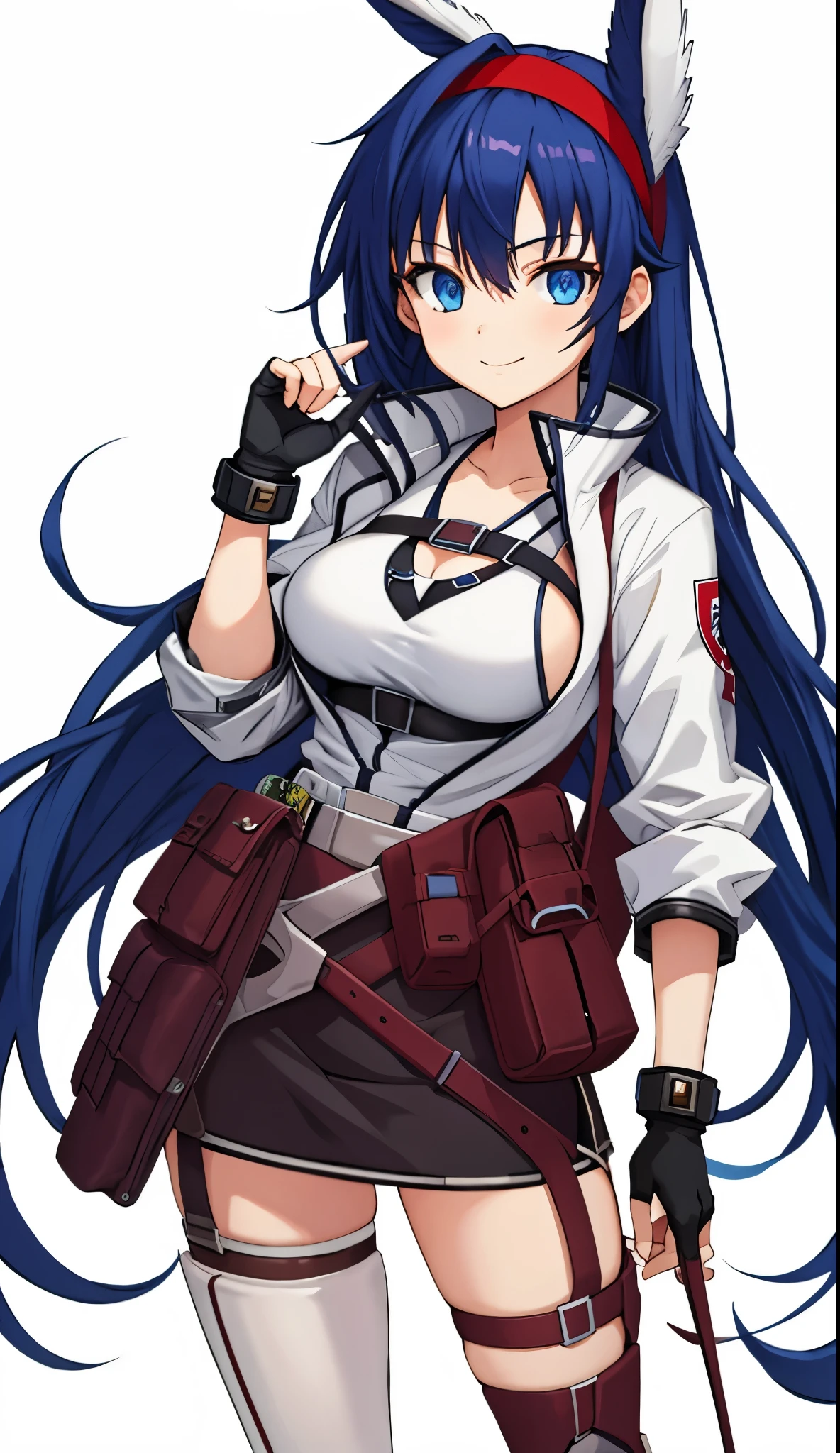 blaze hairstyle, outfit-blaze, 1girl, solo, animal ears, red hairband, long hair, breasts, looking at viewer, blue eyes, white background, pouch, bangs, black hair, simple background, smile, hair between eyes, cowboy shot, very long hair, holding, closed mouth, large breasts, blue hair 