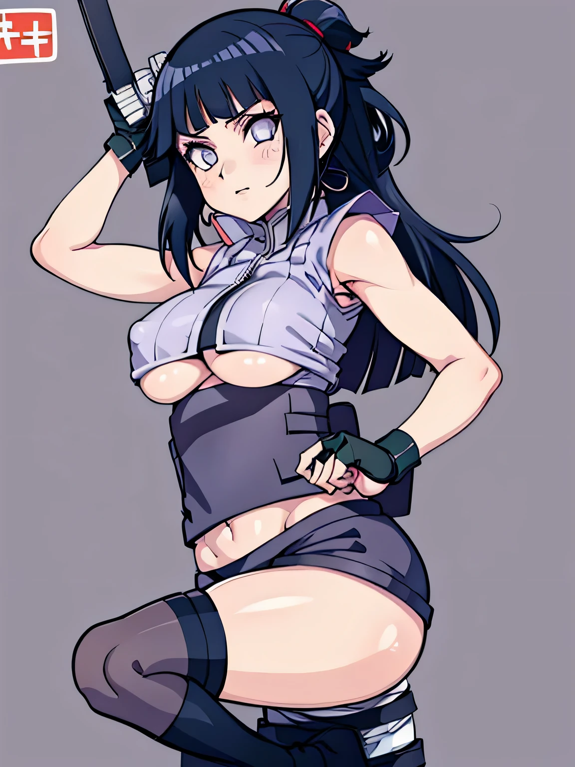 hinata from naruto bring katana and another hand holding a gun, wear sexy crop top and sexy hot mini skirt, upsideboobs, bigboobs, ninja pose, anime, blank background