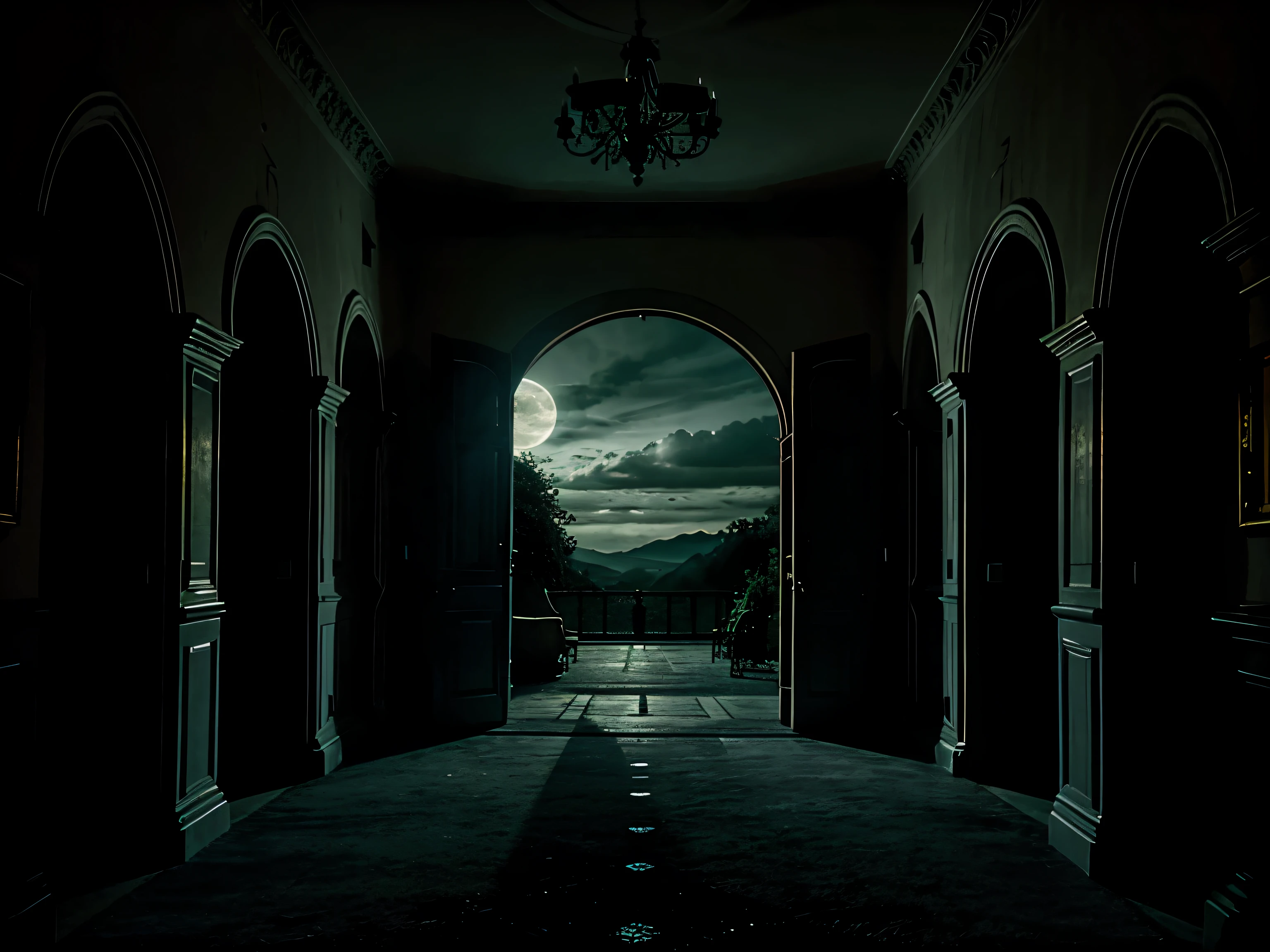 Hyperrealistic spooky style castle hallway setting, moonlight clouds