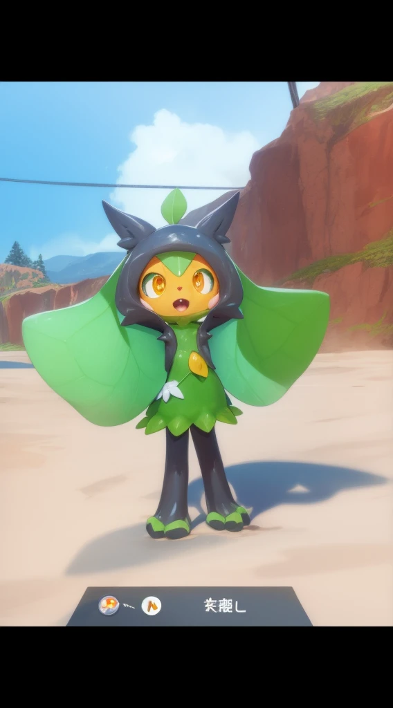 a close up of a person in a green outfit with a green cape, pokemon sword and sheild, new pokemon, pteranadon styling, melting into lilligant, magical shiny skin, slimy shiny reflective joy, similar to pokemon, insect trainer girl, weird pokemon, fluffy orange skin, species fusion, stylised fox - like appearance, green colored skin, 人間