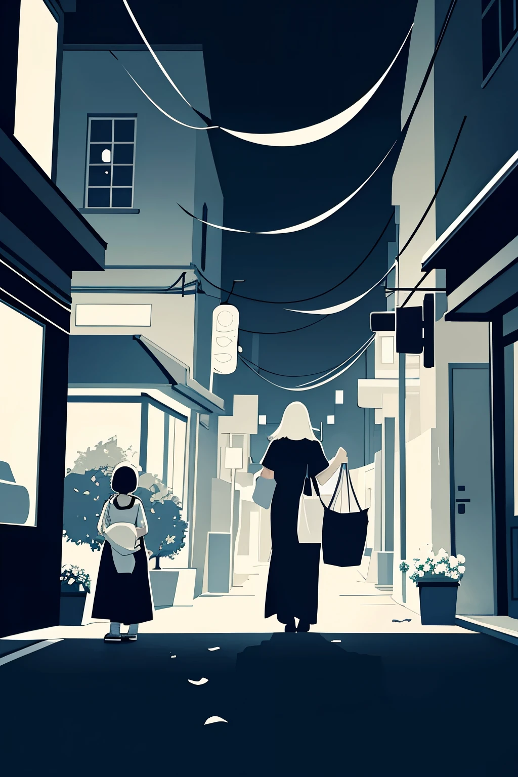On the streets at night,Mom is carrying a big bag of garbage in front,The son is jumping behind holding a bouquet of flowers.,Warm atmosphere,Black and white line drawing style