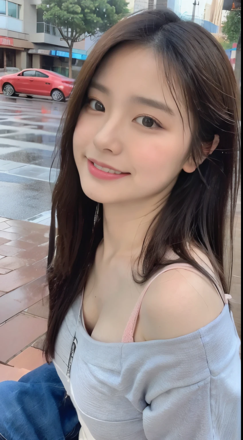 ((highest quality, 8K, masterpiece: 1.3)), concentrated: 1.2, perfect body beauty: 1.4, buttocks: 1.2, ((long hair)), (wet clothes: 1.1) , (rain, street:1.3), Off-shoulder miniskirt: 1.1, Highly detailed face and skin texture, double eyelid, whitened skin, smile, seaside,はにかんだsmile,Cheeks and lips slightly pink,