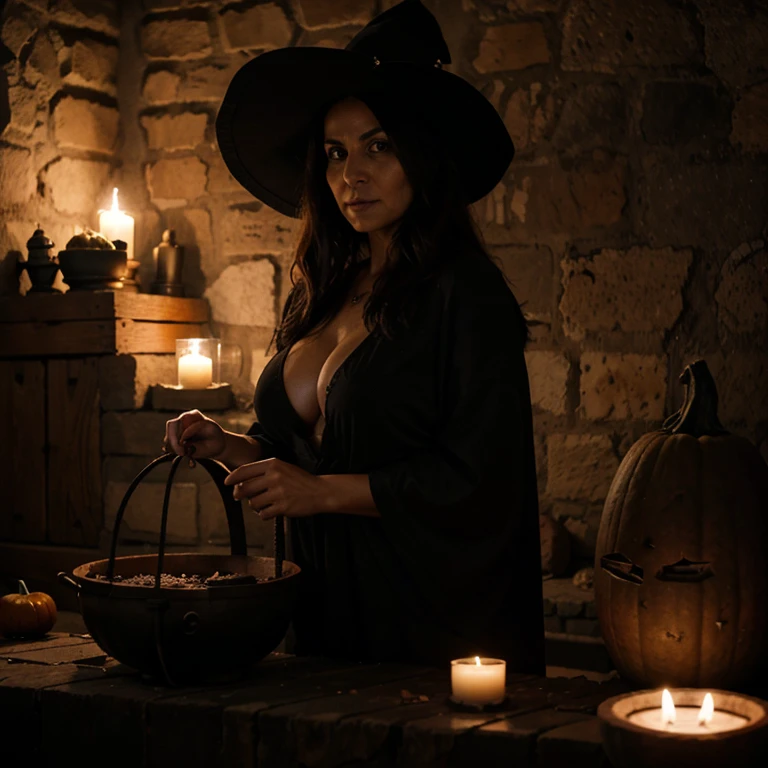 halloween, Female 45 years old, curvilinear, bruja, huerto de calabazas, casa embrujada, aquelarre, mirada malvada, perversa, placed behind the cauldron, hoguera, mesa de madera, prisionero, miedo, casa destartalada, cama de paja, noche, luna llena, gloomy lighting, lluvia, tetas