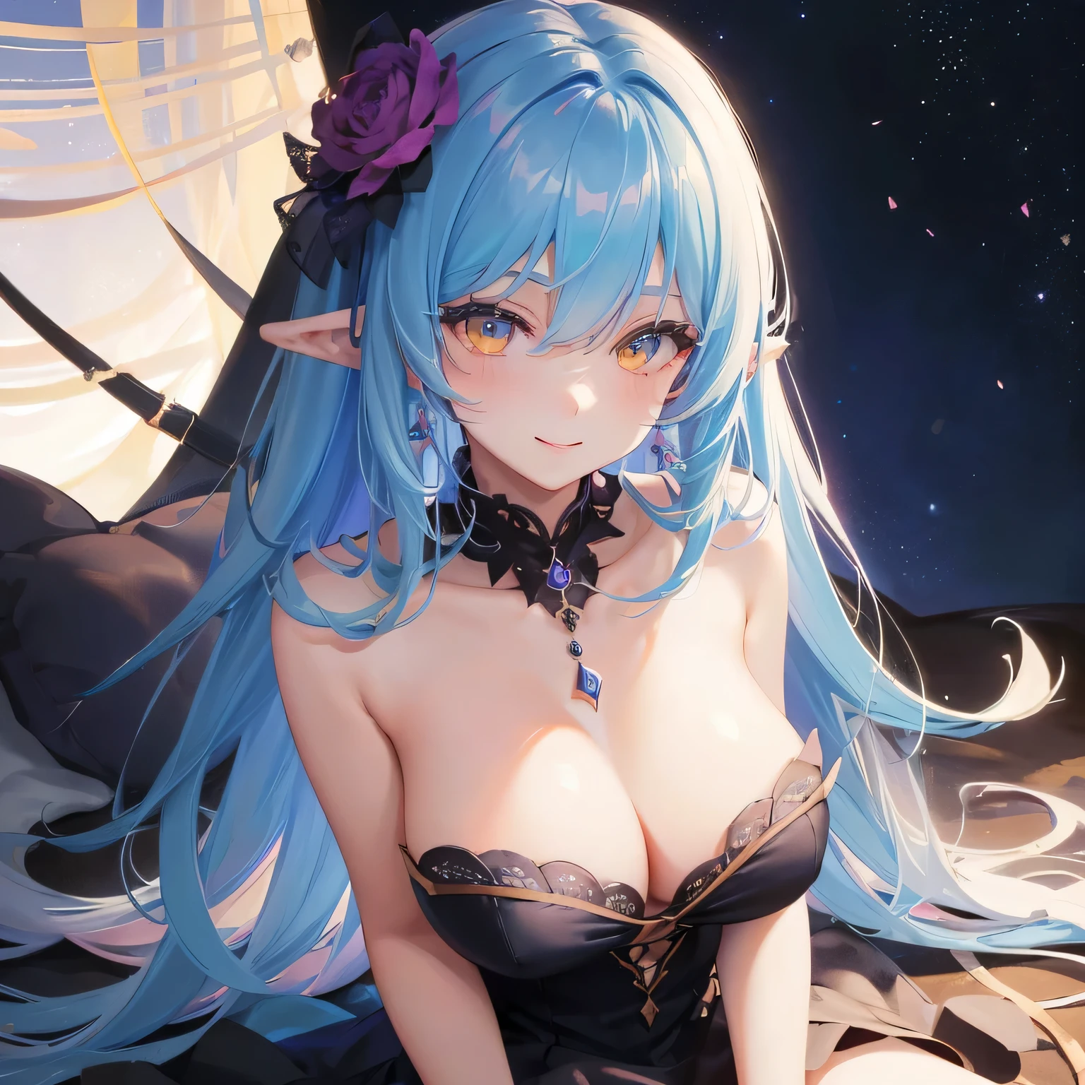 modelshoot style, (masterpiece:1.3), (absurdres:1.3), (best quality:1.3), (ultra-detailed:1.3),(best shadow:0.7), (handled hair), pureerosface_v1, perfect anatomy, 1girl, solo, large breasts, cleavage, virtual youtuber, yukihana lamy, light blue hair, hair between eyes, yellow eyes, pointy ears, long hair, heart ahoge, hair flower, gradient hair, gradient eyes, sleeveless, strapless dress, strapless, bare shoulders, cleavage, large breasts, sightly smile, pov, facing viewer, look at viewer, from above, close-up, leaning forward viewer, night sky, indoors, jewelry, necklace,