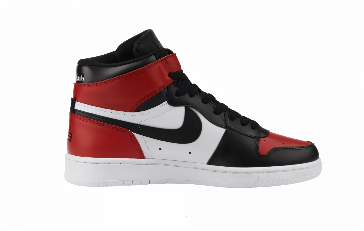 Photo side view of a high sneaker with red and black accents
