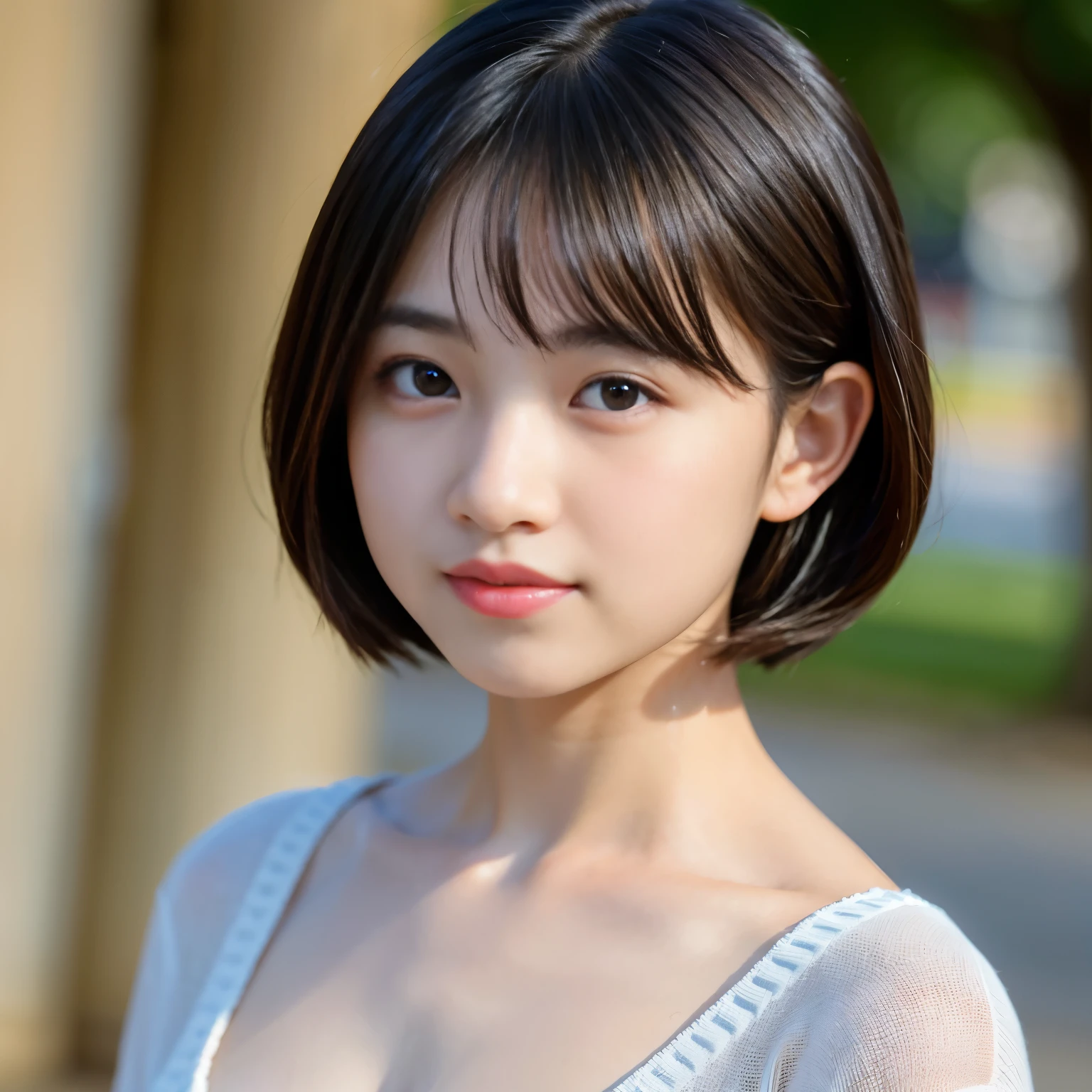 Best-quality, Masterpiece, Ultra-High-Resolution, (Photorealistic:1.4), Raw-Photo, 1girl, 12-years-old, the most popular Japanese idol, portrait, blushing, extremely cute face like the most famous Japanese idol, extremely beautiful big-black-eyes, extremely beautiful black-short-cut-haired, extremely beautiful skins, extremely beautiful long-eyelashes, extremely beautiful lips