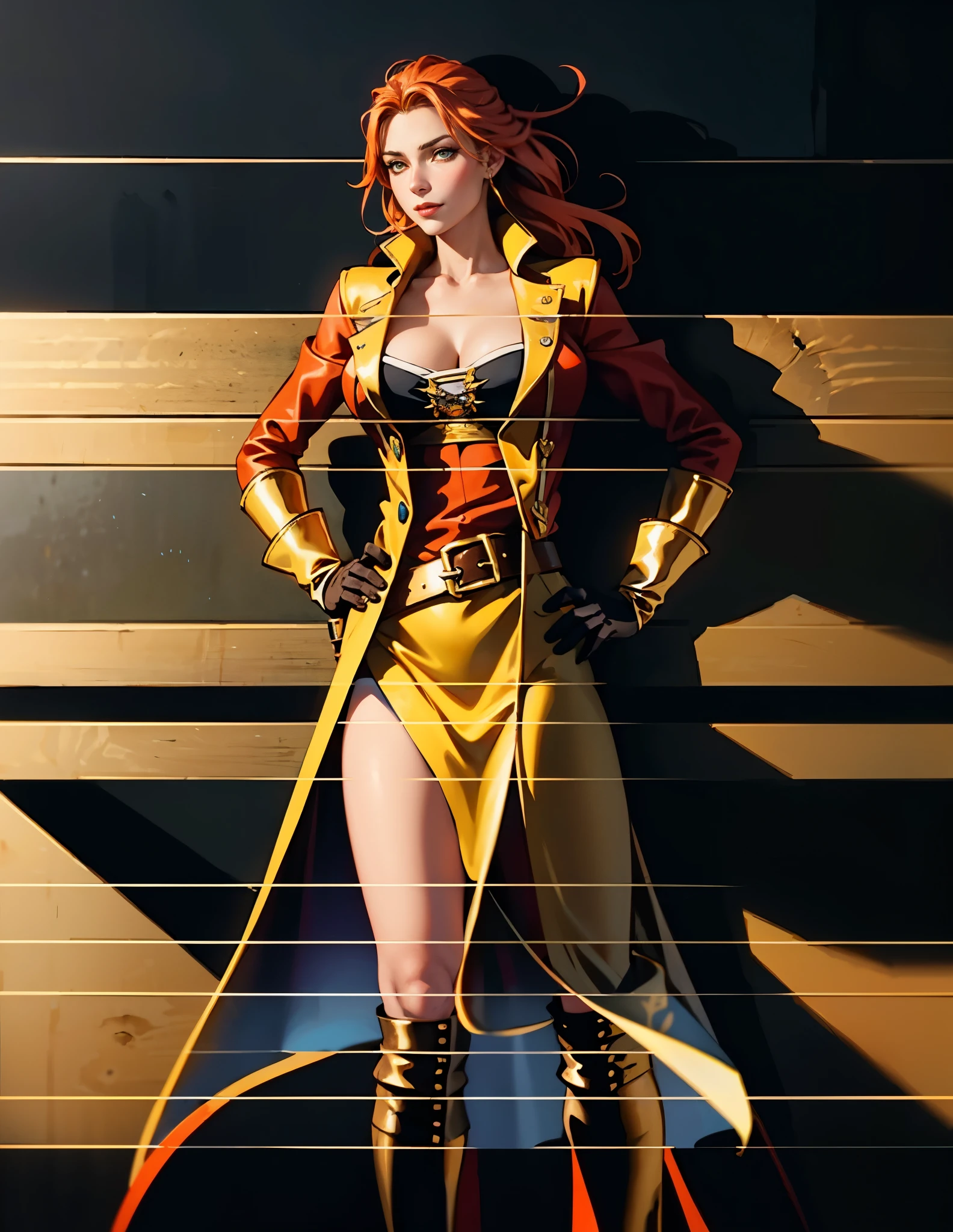 A beautiful woman with flowing orange long hair, exquisite facial features, a playful smile, confident eyes, a tall figure, a two-piece fantasy-style pirate robe coat, yellow as the main color and red as the auxiliary color, long wrist guard gloves on her hands, a gold belt around her waist with a short hem, leather pants, knee-high boots, standing with her hands on her hips in front of a fantasy medieval-style port tavern, this character embodies a finely crafted fantasy-style female pirate in anime style, exquisite and mature manga art style, high definition, best quality, highres, ultra-detailed, ultra-fine painting, extremely delicate, professional, anatomically correct, symmetrical face, extremely detailed eyes and face, high quality eyes, creativity, RAW photo, UHD, 8k, Natural light, cinematic lighting, masterpiece-anatomy-perfect, masterpiece:1.5