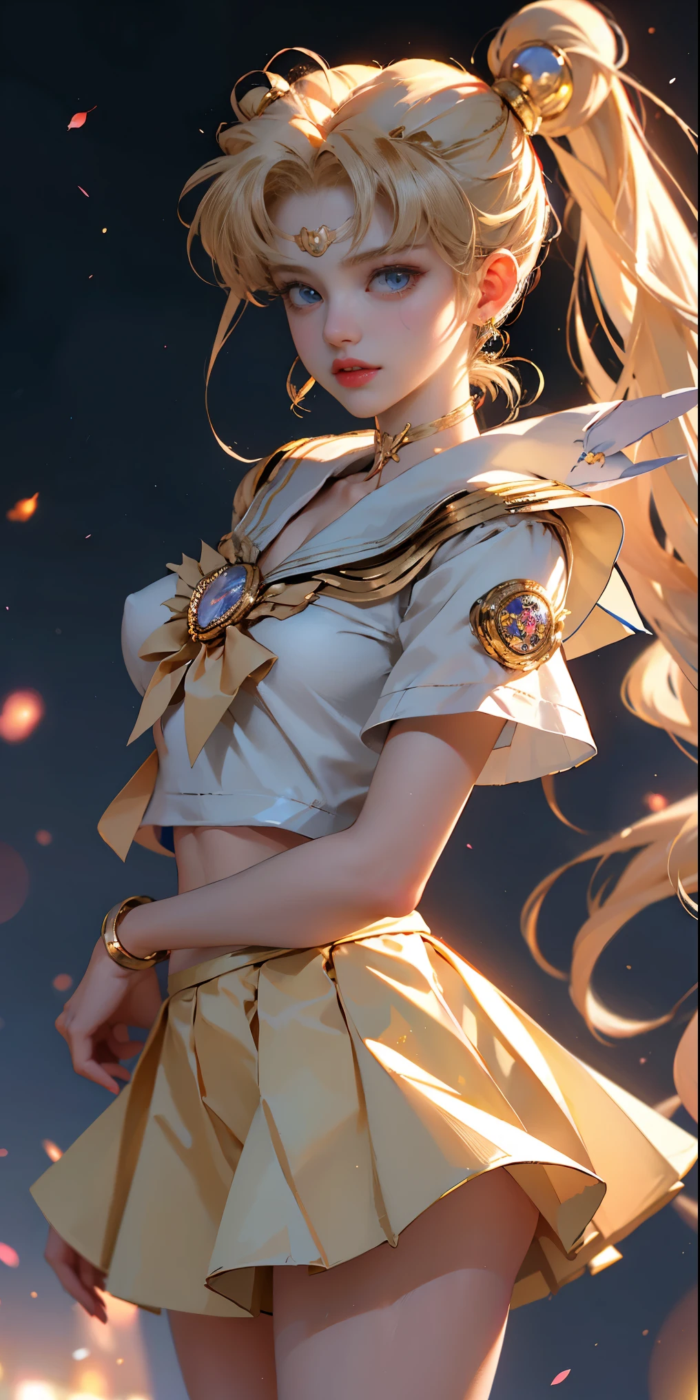 ((masterpiece)), (highest quality), (Super detailed), ((very detailed)), 4K, (8K), sailor moon, Long blonde, double ponytail, 美少女戦士sailor moon, dreamcore, Coated School Shirts, yellow skirt, big breasts