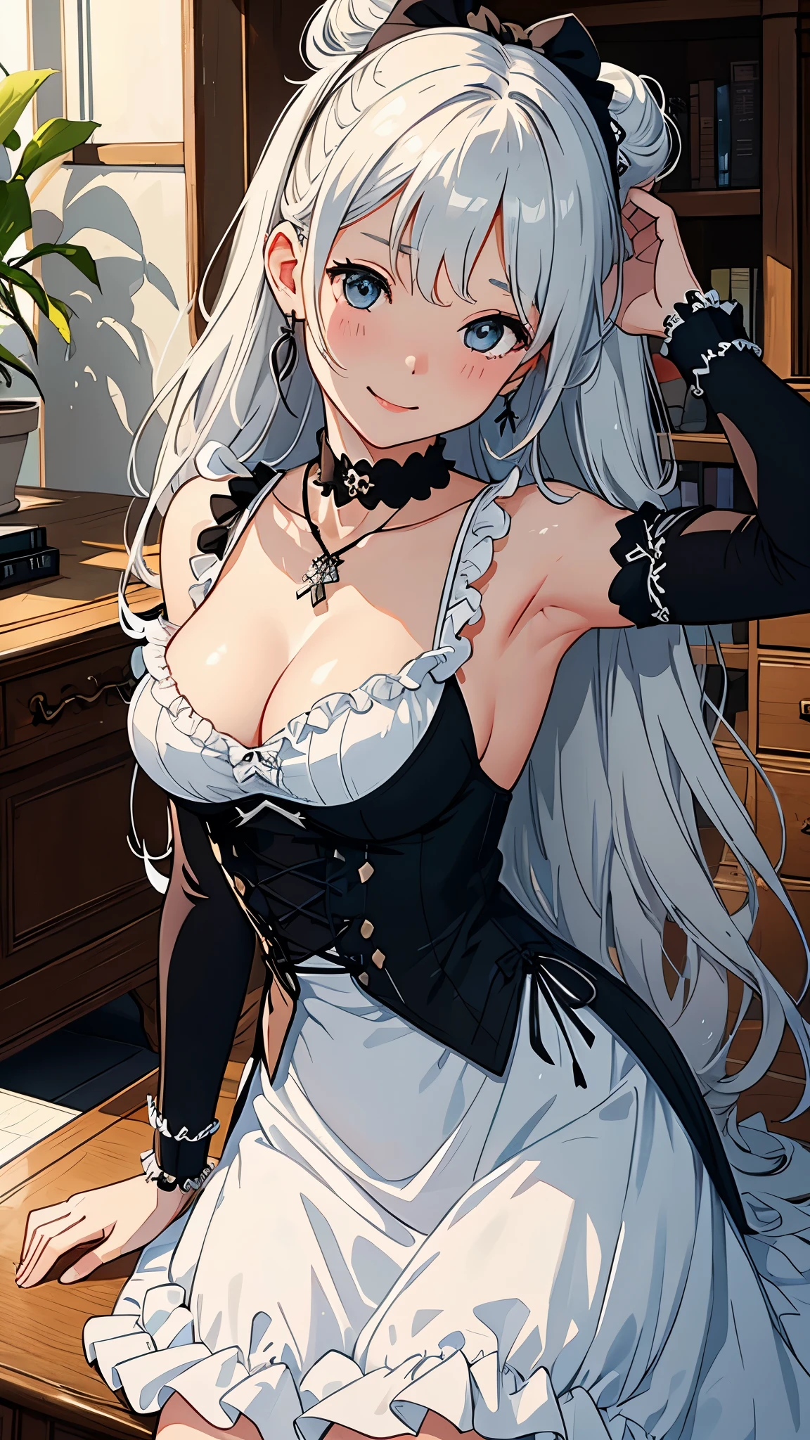 Background with:Western aristocratic room(wide々and study、bookcase、Large desk lined with historical Western antiques、Big old clock、Large houseplants、astronomical telescope、antique、Old brown globe、Stuffed deer head)。Laugh invincibly、show the grinps、a smile、Curvaceous but slender、Fantastic hair color、ornament detached、Black and white and ruffled maid clothes、Separate Wear、Niso、accessorized、Bracelets、Misanga、a necklace、arm band、Muchimuchi Body、well-muscled、mole、shairband、Distinctive charm points、Eyebrows、Sareme、poneyTail、Muscular nose、red blush、offensive、one eye covered、sadist、Carrying a large scythe、Fleshy lips、Physical beauty、Black Choker、disheveled hair、Unique fashion、Depiction in motion、soft sunlight、Combining Light and Shadow、(top-quality、hight resolution、8k、masterpiece:1.2) 、(Cute)(masutepiece), (Best Quality),1girl in,Upper body,(double exposure:1.2),(Simple background:1), (Cinematic Angle),(Dynamic Angle),(Low contrast),(Flat color:0.7)。complex details beautiful and delicate eyes, Smooth Anime CG Art, Detailed Digital Anime Art, official artwork, pixiv style, Detailed anime artwork,