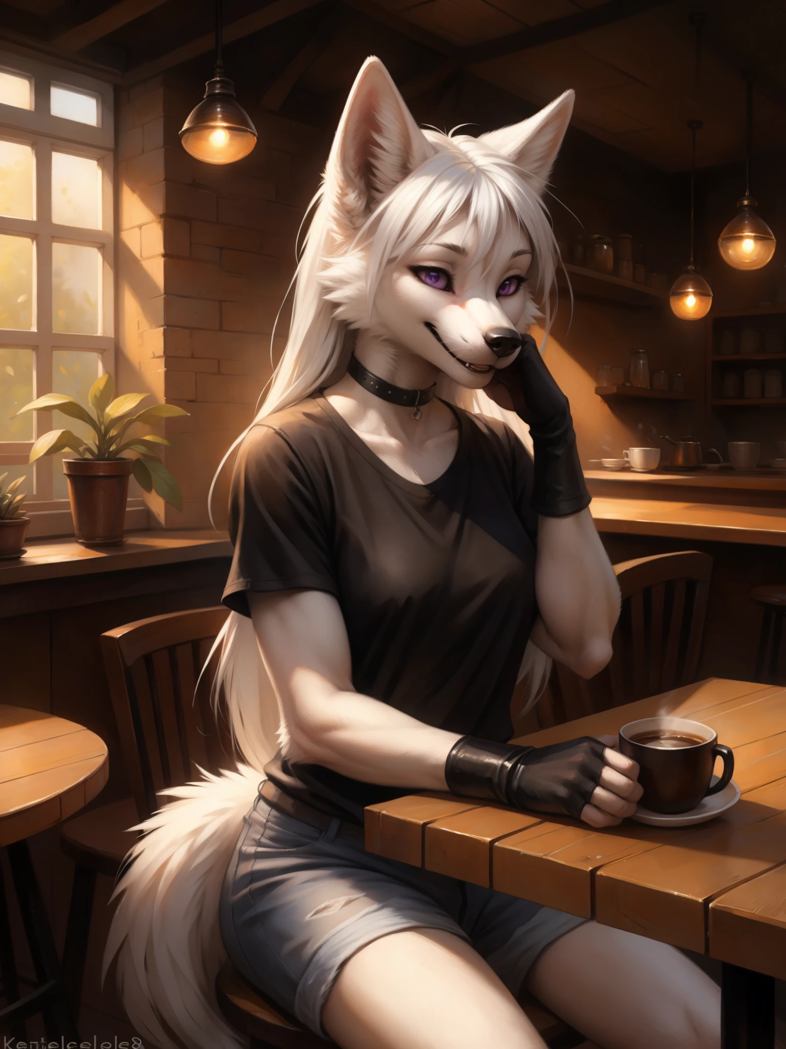 by kenket, by totesfleisch8, (by thebigslick, by silverfox5213:0.8), (by syuro:0.2), an all white wolf, female, purple eyes, white sclera, white wolf ears, long white hair, long white bangs, hair parted in the middle, cute snout, black nose, wolf tail, wearing black t shirt, black arm warmers, fingerless black gloves, black choker, jean shorts, black boots, indoors, in a cafe, sitting, behind a table, a cup of coffee in front of her, front view, hands on her face, resting elbows on table, mouth open, laughing, squinting eyes
