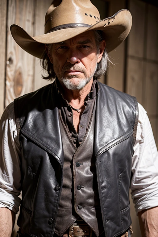 Cowboy photo shoot, old cowboy, wrinkles on face, gray hair, gray beard, old cowboy hat, black leather vest, ((tattered vest)), on the ranch, eye contact, looking at viewer, masterpiece, best quality, perfect detail, perfect  facial detail, perfect eye detail, perfect skin detail, depth of field, perfect lighting