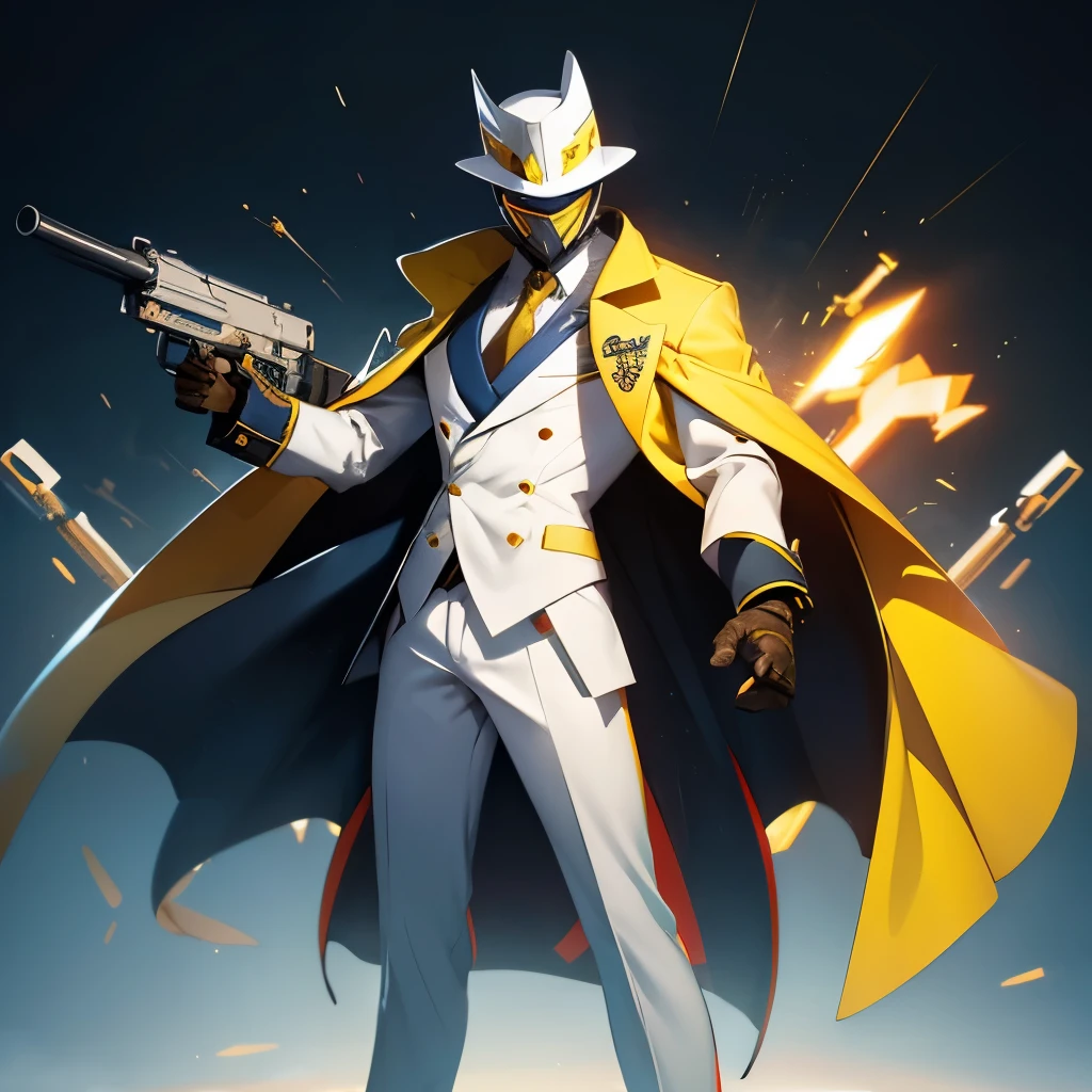 Supervillian, elegant suit, happy face yellow mask, hat, armory backgorund, guns everywhere, illuminatez, white light full body