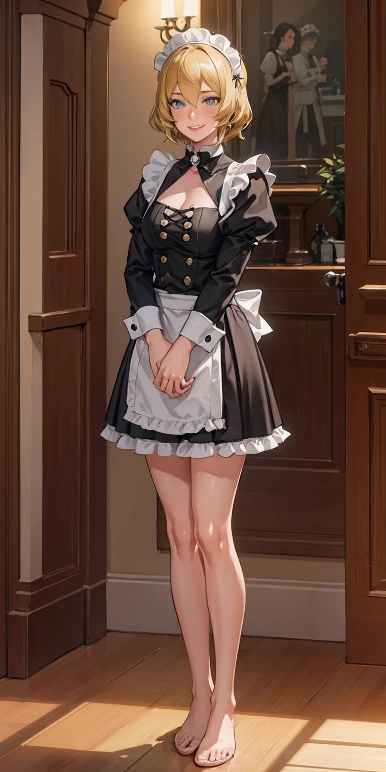 1girl, cute, ((Short black hair girl and long blonde hair girl)), maid victorian, maid apron, straight face, dazed, Body position: Standing, straight, symmetrical, barefoot, Lustful smile on face with red blush,
