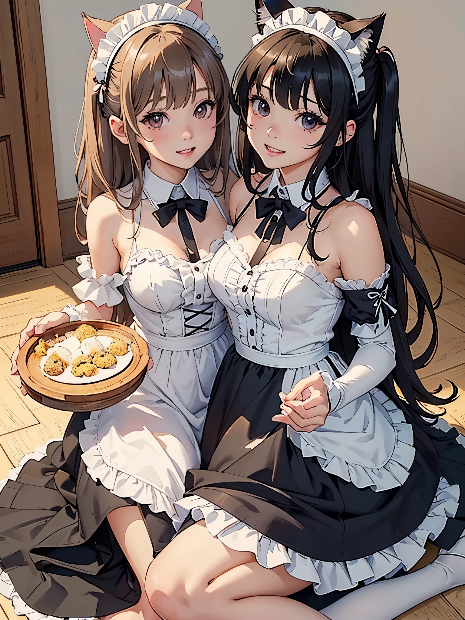 ((SFW、masuter piece、Best Quality、masutepiece、top-quality、Highest Standards、Top image quality、1人の女性、charming girl、Beautiful light brown hair、intense black eyes、Strong highlights of the eyes、Perfect Anatomy、Dynamic lighting、lipgloss))、(Raw photo:1.2)、(photoRealstic:1.4)、(pureerosface_v1:0.008)、Beautiful face with perfect symmetry、beautiful detailed women、ighly detailedな目と顔、beatiful detailed eyes、Smile at your audience、laughing very happily、Beautiful teeth、Beautiful teeth alignment、ultra-detailliert、ighly detailed、Beautiful teeth、Beautiful teeth alignment、ultra-detailliert、ighly detailed、、Light on the Face、shorth hair、crossed bangs、asymmetrical bangs、long neck、Put your ears out、bansig eye、Lashes、kawaii、There is a woman in costume sitting on the floor, Anime girl in a maid costume, catboy's! maid! Dress, Anime girl , Anime cat girl in a maid costume, gorgeous maid, Anime , maid outfit, maid Dress, wearing maid uniform, maid costume, , misa amane *, Photo, in Dress
