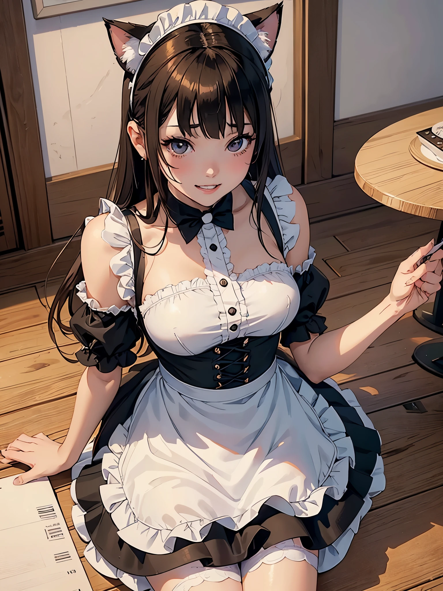 ((SFW、masuter piece、Best Quality、masutepiece、top-quality、Highest Standards、Top image quality、1人の女性、charming girl、Beautiful light brown hair、intense black eyes、Strong highlights of the eyes、Perfect Anatomy、Dynamic lighting、lipgloss))、(Raw photo:1.2)、(photoRealstic:1.4)、(pureerosface_v1:0.008)、Beautiful face with perfect symmetry、beautiful detailed women、ighly detailedな目と顔、beatiful detailed eyes、Smile at your audience、laughing very happily、Beautiful teeth、Beautiful teeth alignment、ultra-detailliert、ighly detailed、Beautiful teeth、Beautiful teeth alignment、ultra-detailliert、ighly detailed、、Light on the Face、shorth hair、crossed bangs、asymmetrical bangs、long neck、Put your ears out、bansig eye、Lashes、kawaii、There is a woman in costume sitting on the floor, Anime girl in a maid costume, catboy's! maid! Dress, Anime girl , Anime cat girl in a maid costume, gorgeous maid, Anime , maid outfit, maid Dress, wearing maid uniform, maid costume, , misa amane *, Photo, in Dress
