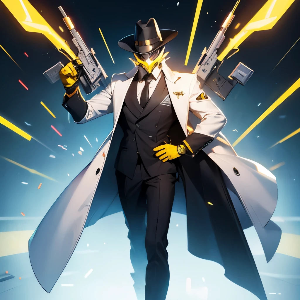 Supervillian, elegant suit, happy face yellow mask, hat, armory backgorund, guns everywhere, illuminatez, white light full body