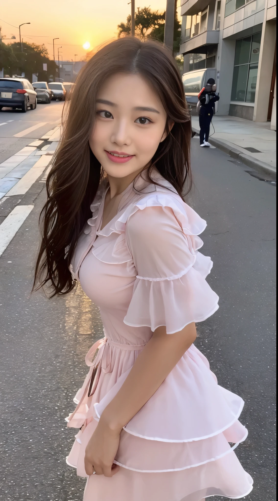 ((highest quality, 8K, masterpiece: 1.3)), concentrate: 1.2, perfect beauty: 1.4, butt: 1.2, ((layered hairstyles, beautiful breasts)), (wet clothes: 1.1), (sunset, street: 1.3), Half Way Dresses: 1.1, Highly detailed face and skin texture, narrow eyes, double eyelid, Whitening skin, long hair, (shut up: 1.3), smile, Unreal beauty,((Cheeks and lips are slightly pink)),(She is wearing a beautiful white dress),