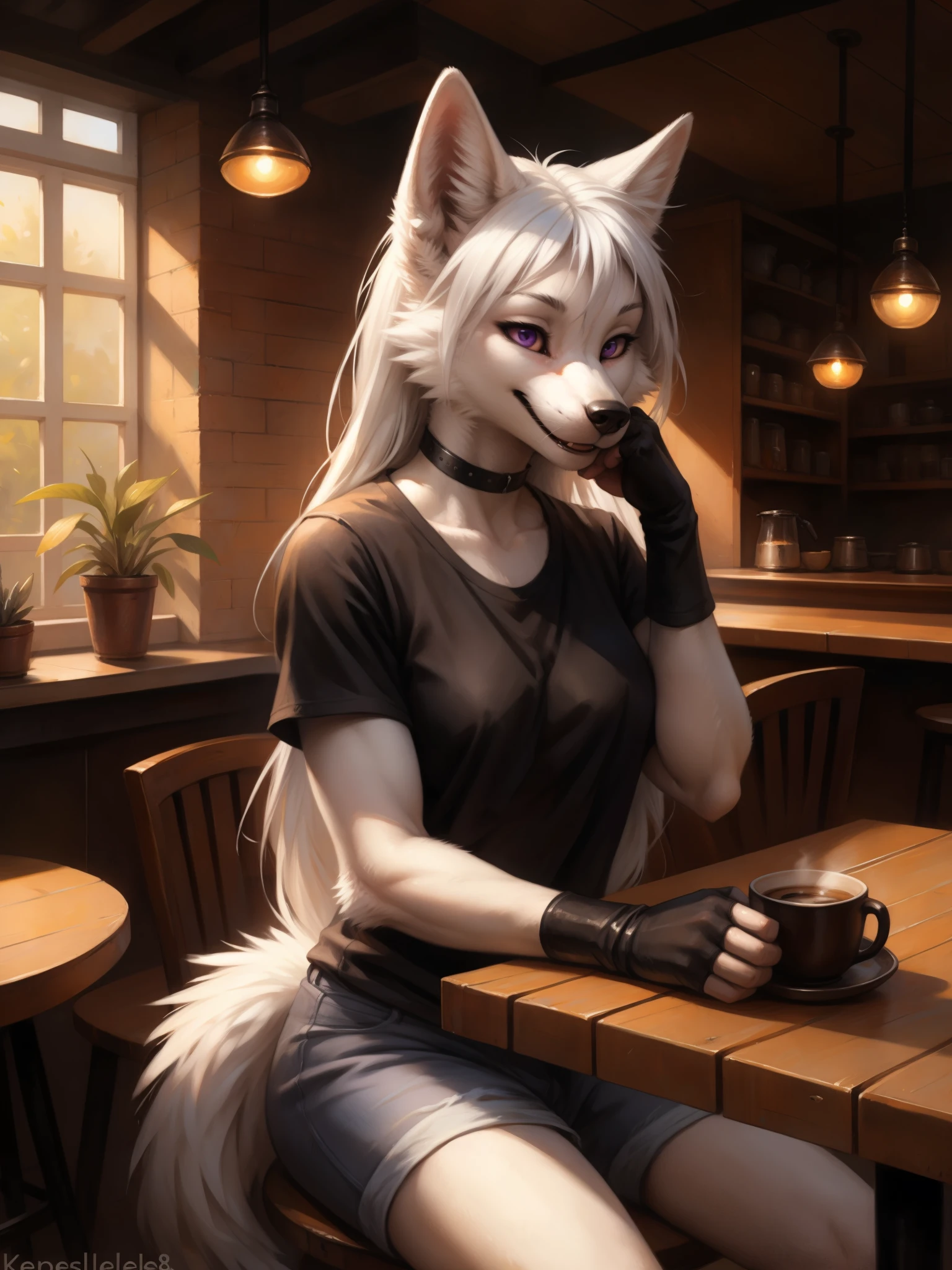 by kenket, by totesfleisch8, (by thebigslick, by silverfox5213:0.8), (by syuro:0.2), an all white wolf, female, purple eyes, white sclera, white wolf ears, long white hair, long white bangs, hair parted in the middle, cute snout, black nose, wolf tail, wearing black t shirt, black arm warmers, fingerless black gloves, black choker, jean shorts, black boots, indoors, in a cafe, sitting, behind a table, a cup of coffee in front of her, front view, hands on her face, resting elbows on table, mouth open, laughing, squinting eyes