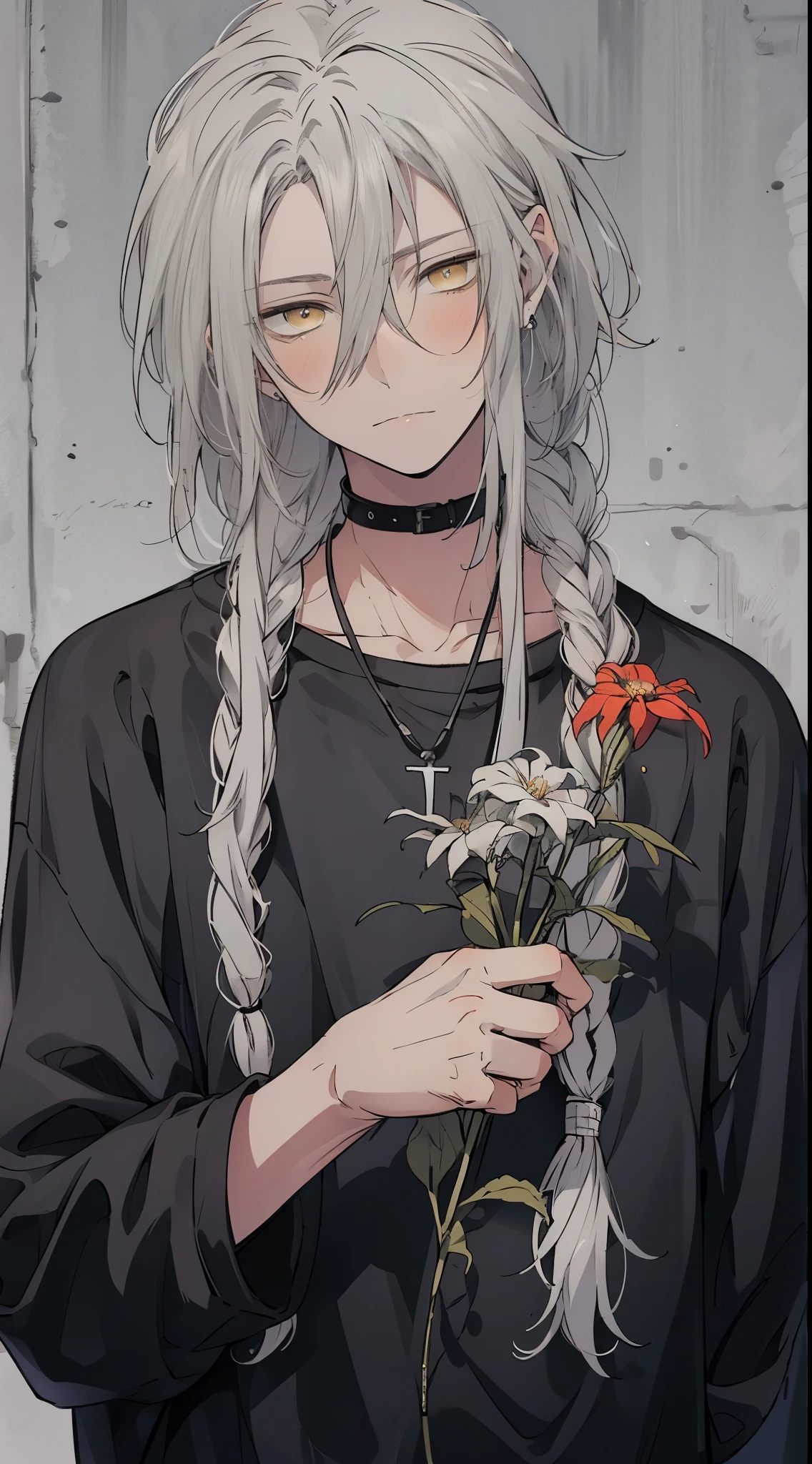 yellow eyes,Handsome young man with silver-white long hair, partially braided, wearing a short black long-sleeved knit and a white inner T-shirt, holding a flower in his left hand at eye level, against a metal tank background, with a calm expression, looking directly at the camera,high quality, amount of drawing, pixiv illustration