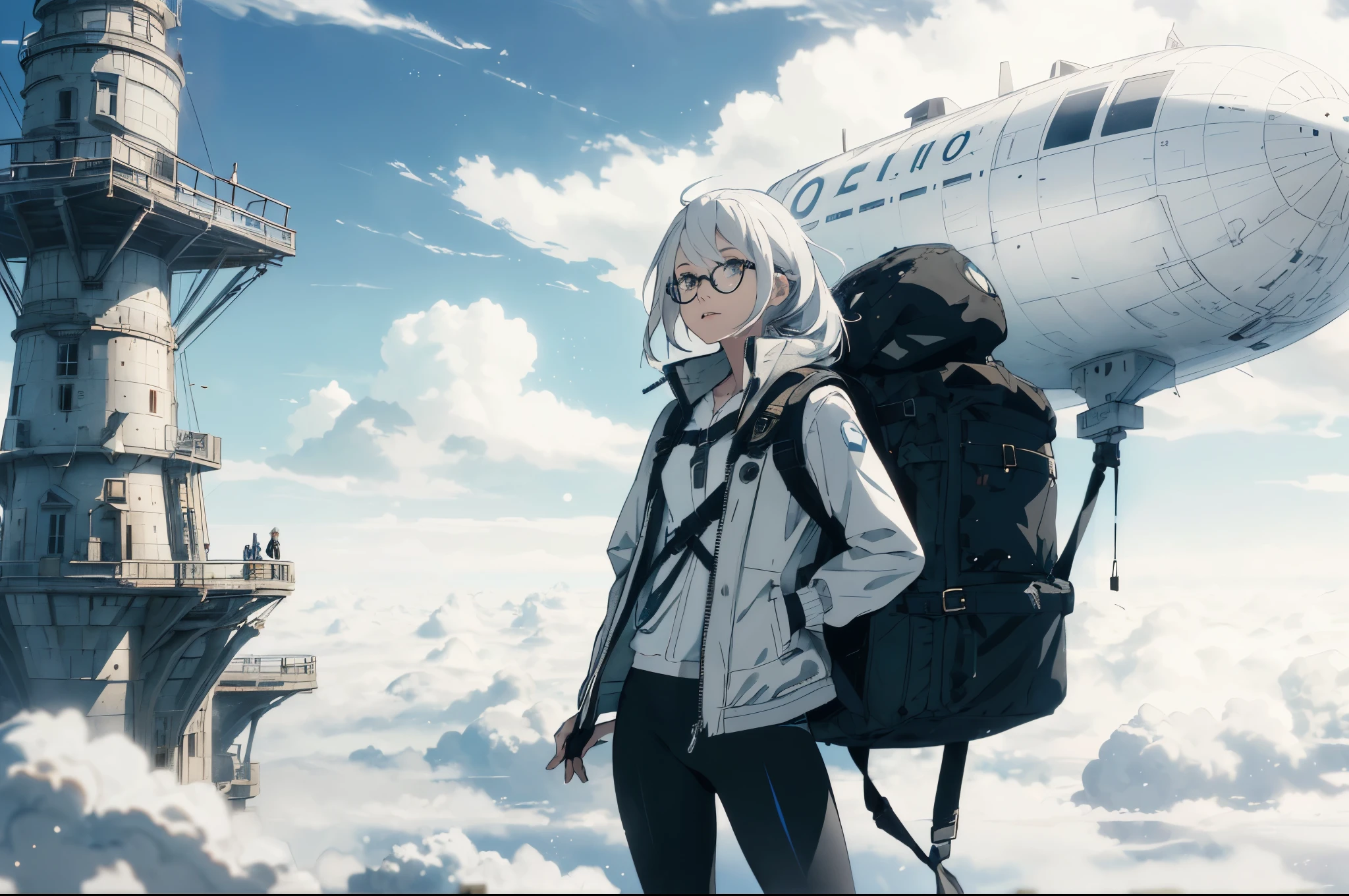 (Beautiful and majestic skyline, Majestic sky), (the extremely tense and dramatic pictures, moving visuals), ( Colorful natural light), (1 girl), (Jacket，white vest, Loose leggings, Wearing a backpack), (dynamic poses:1.3, black eyes, white hair，meatball head，Wearing round glasses，, Sparkling girl)[:0.8], (Standing on the deck of an airship above the clouds)，Cities in the air，signal tower，（Above the clouds，Surrounded by a sea of clouds）, (A gentle breeze greets you), (White hair and background coordination effect: 1.2), (close shot, Long lens mix and match)[::0.9]