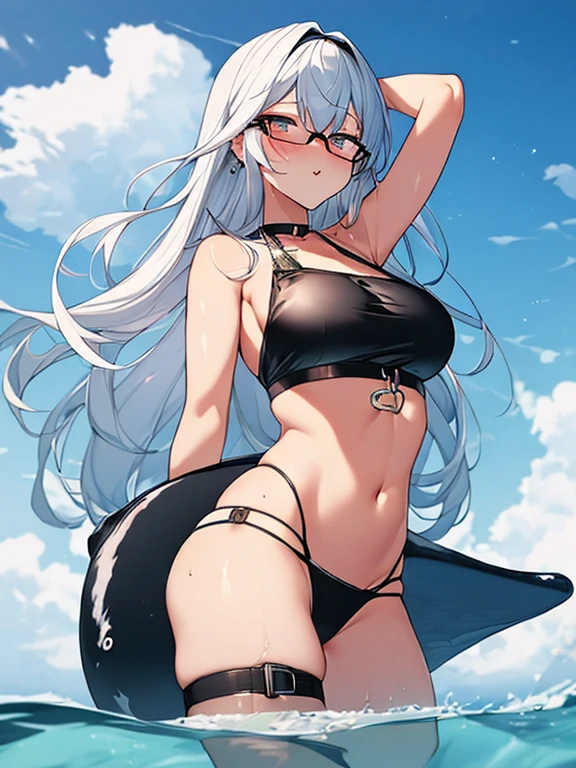 ((8k ultra, Perfect view, Looking at the camera, smuggle, sexy pose)), A girl, has long a silver Hair fall's through her waist, eyes Golden vertical pupil, wearing black bikini, dog tag, Aviator glass, background Deep ocean with whales and fish