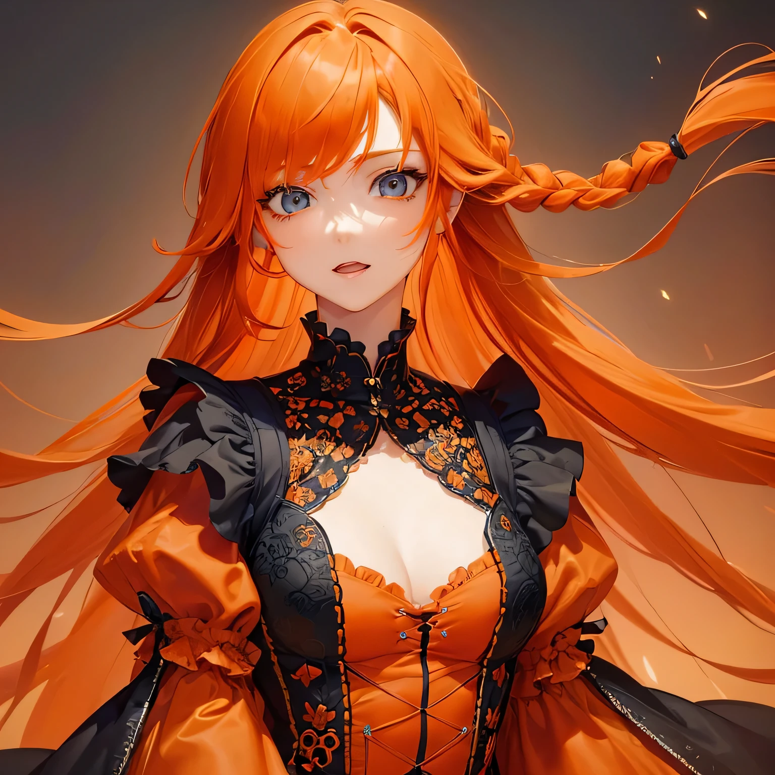 1 girl,Depp's Sense,confused,catch light,Super beautiful illustration,(orange hair,long hairstyles:1.6),turn around,eye shadow,(Red clothes,Gothic Lolita),Upper body,;d,beautiful and delicate flowing hair,delicate and detailed blue eyes,emphasized chest