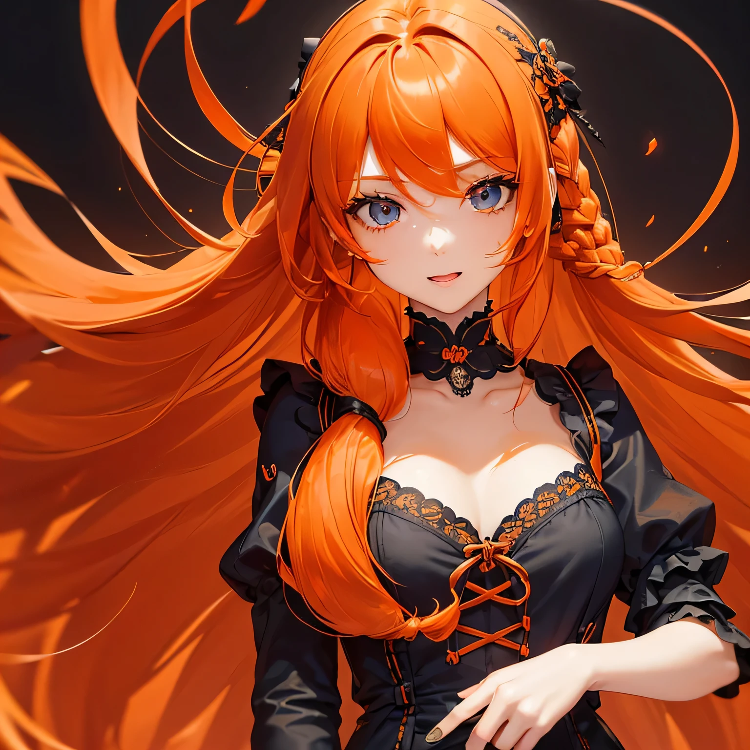 1 girl,Depp's Sense,confused,catch light,Super beautiful illustration,(orange hair,long hairstyles:1.6),turn around,eye shadow,(Red clothes,Gothic Lolita),Upper body,;d,beautiful and delicate flowing hair,delicate and detailed blue eyes,emphasized chest