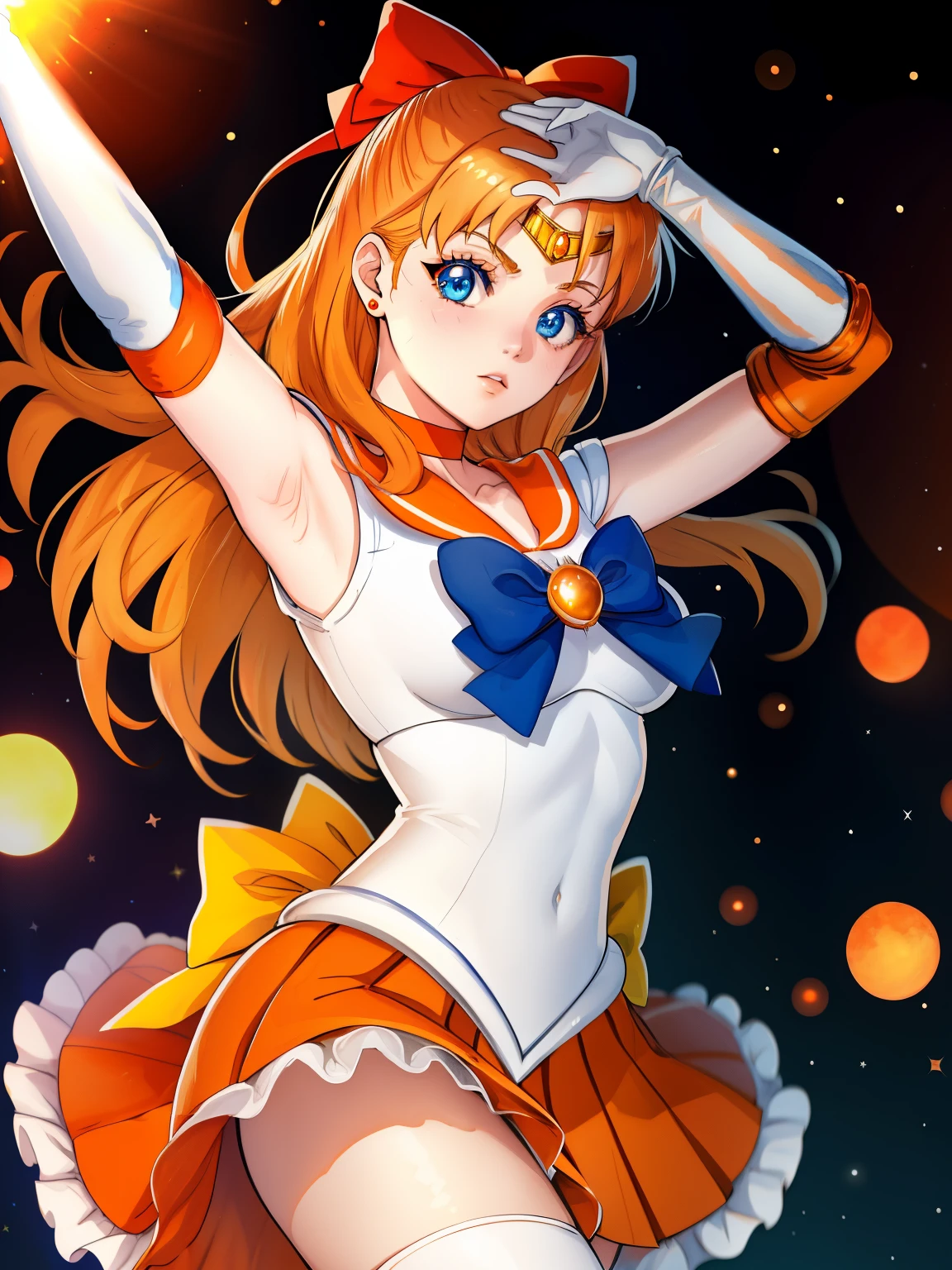 annette_war, blue eyes, orange hair sailor senshi uniform, orange skirt, elbow gloves, tiara, orange sailor collar, red bow, orange choker, white gloves, jewelry