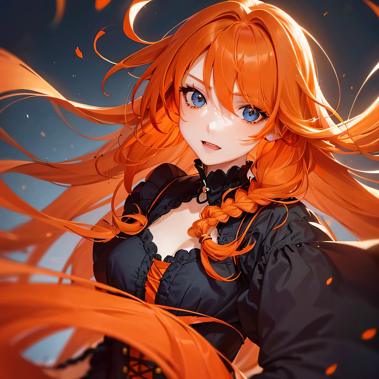 1 girl,Depp's Sense,confused,catch light,Super beautiful illustration,(orange hair,long hairstyles:1.6),turn around,eye shadow,(Red clothes,Gothic Lolita),Upper body,;d,beautiful and delicate flowing hair,delicate and detailed blue eyes,emphasized chest