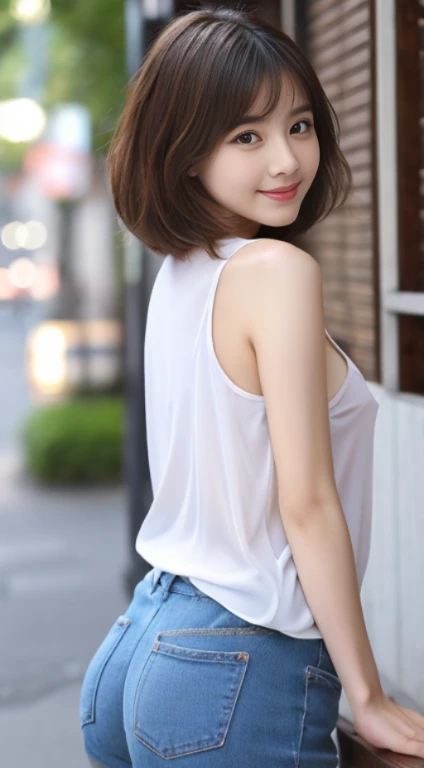 Pianfei、best quality、one example、Super fine、beautiful、high resolution、8k wallpaper、Perfect dynamic composition、beautiful girl of 20 years old、Detailed beautiful face、Eyes are delicate and cute、Delicate skin texture、cheeks flushed、Shy、(short hair:1.3)、(brown wavy hair)、Bold sexy pose、Smile、(sleeveless、Navel exposed、hot pants street、small breasts、、little ass、Skinny ass、Please generate it above the eaves.、thin shoulde