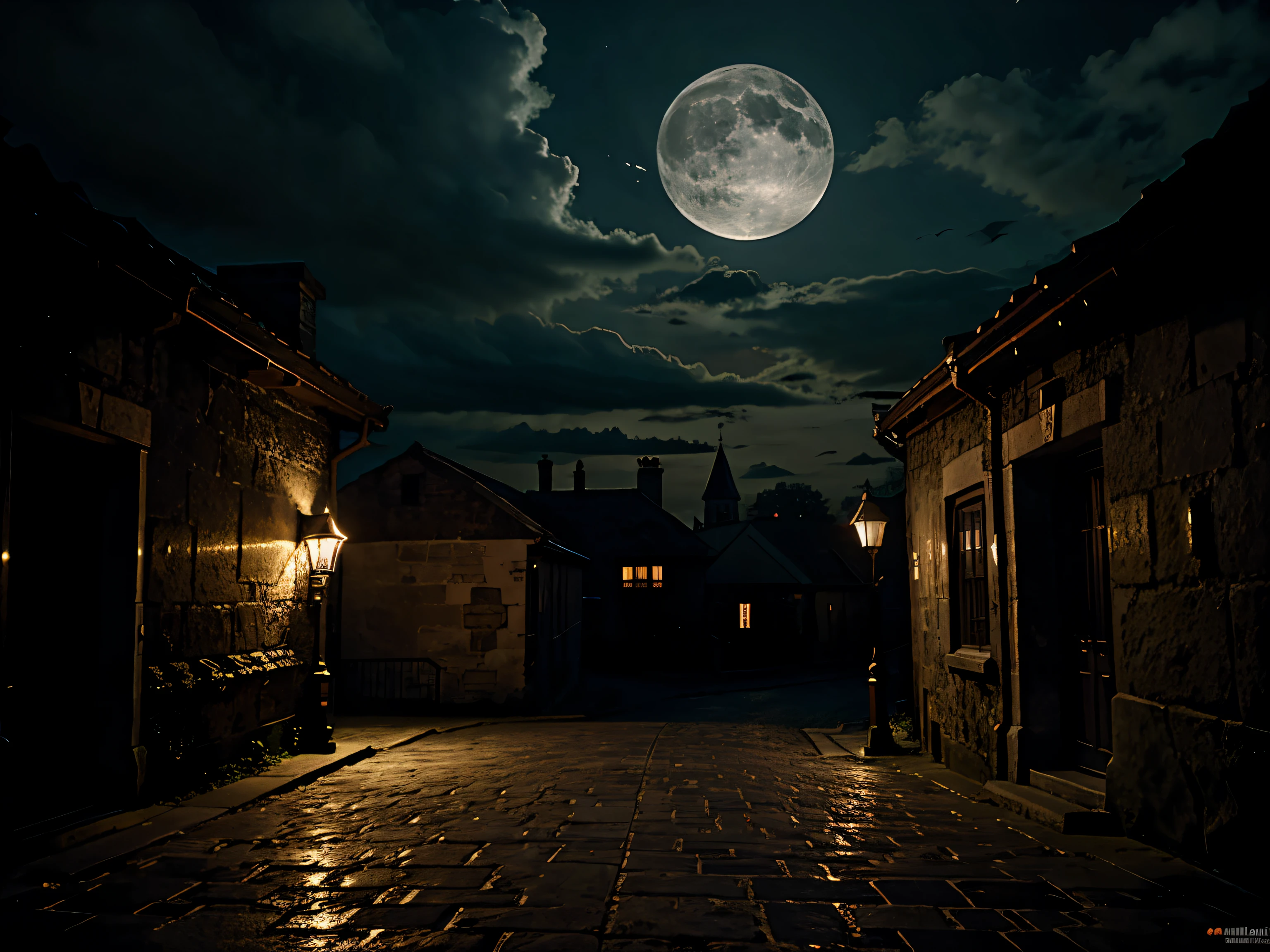 Hyperrealistic spooky style castle alleyway setting, moonlight clouds