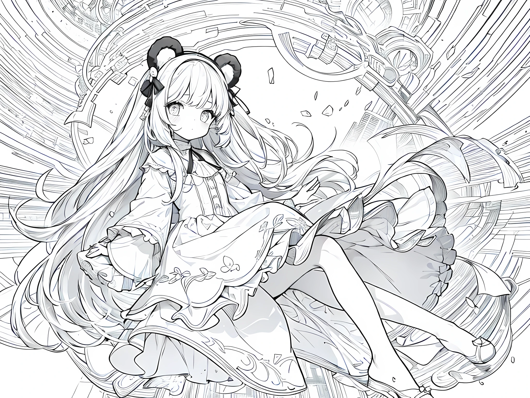 1 with bear ears, wearing white dress, happy facial expression, long hair, monochrome (clear line, lineart), full-body illustration