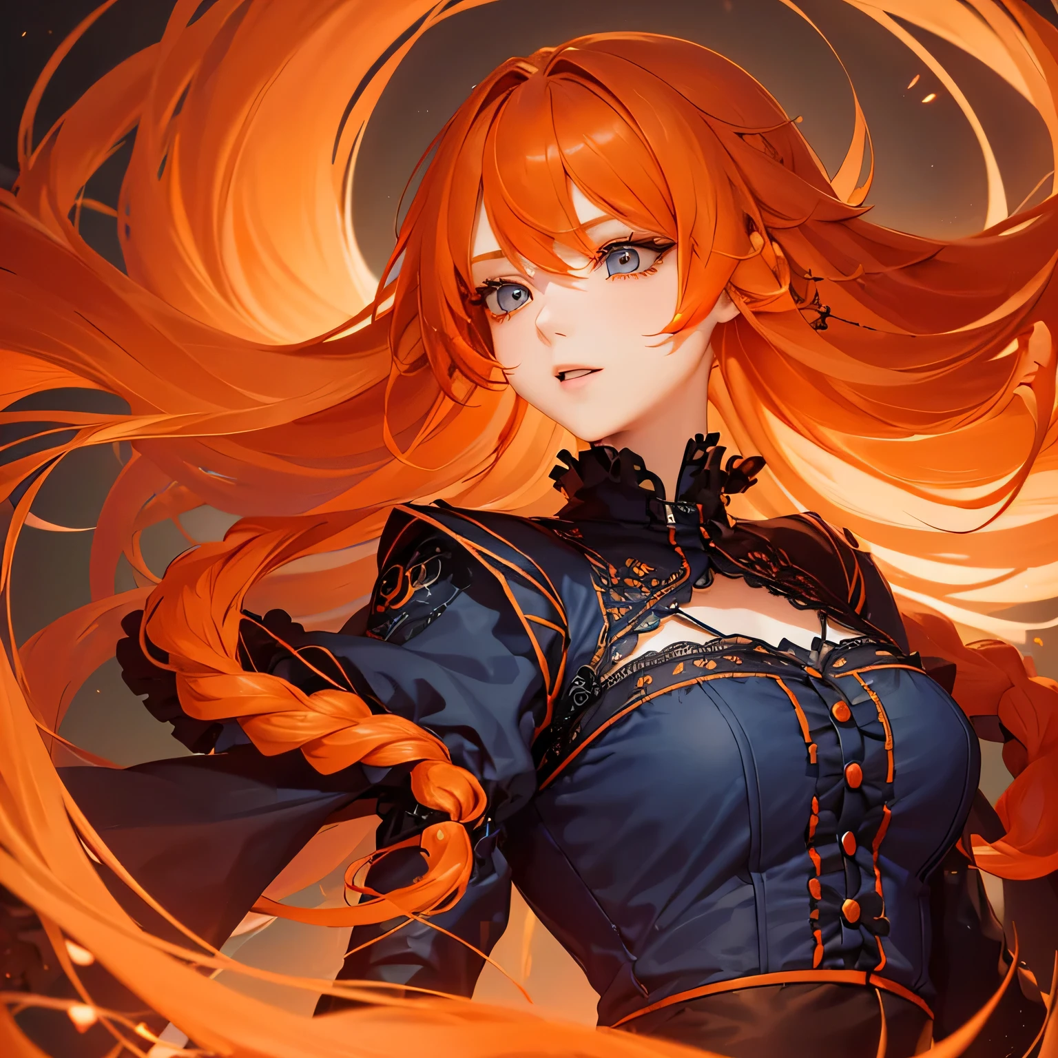 1 girl,Depp's Sense,confused,catch light,Super beautiful illustration,(orange hair,long hairstyles:1.6),turn around,eye shadow,(Red clothes,Gothic Lolita),Upper body,;d,beautiful and delicate flowing hair,delicate and detailed blue eyes,emphasized chest