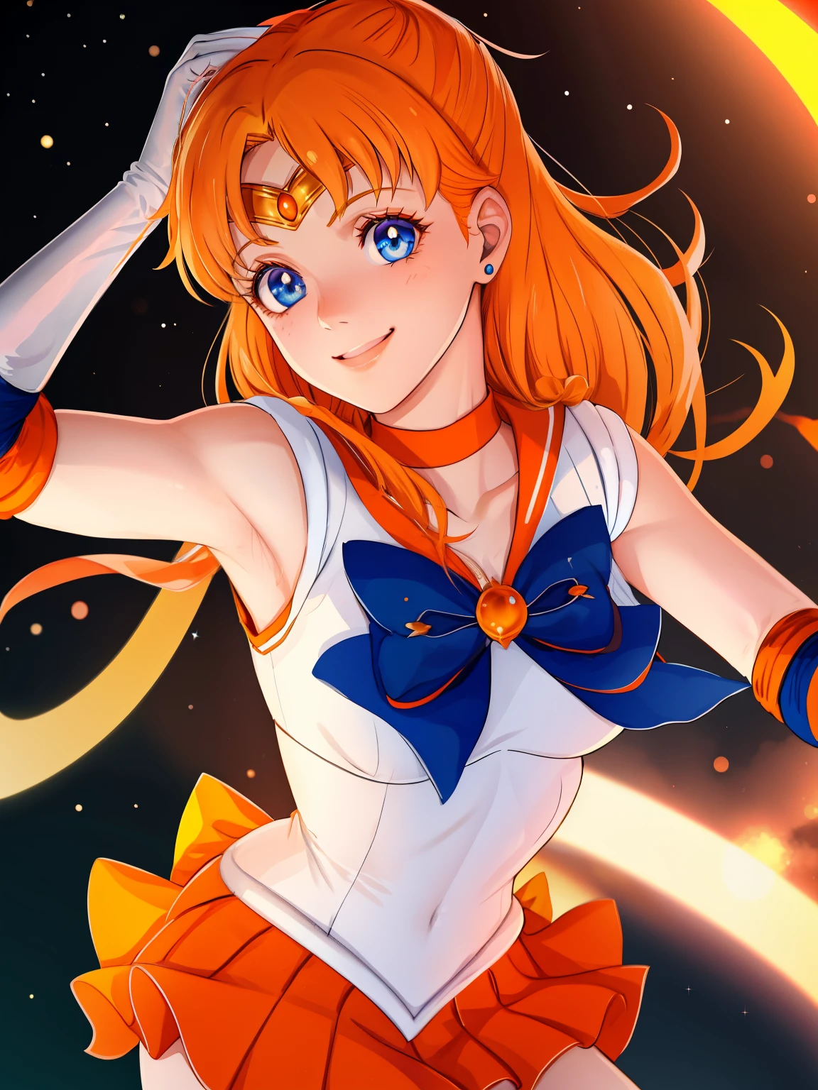 annette_war, blue eyes, orange hair sailor senshi uniform, orange skirt, elbow gloves, tiara, orange sailor collar, red bow, orange choker, white gloves, jewelry, smile