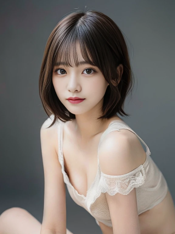 1girl in、real looking skin、(short-hair:1.1)、Very short shorthair、(Photorealsitic:1.1)、Beautuful Women、unrevealing clothes、Beauty Salon、Gray background、Natural look,one person standing、beautiful、beautiful woman、professional lighting、photon mapping、radio city、Physically based rendering、、gradient black hair、、shortcut、short curly hair、girl、highest quality images、High resolution、1080p、(Crisp face)、(Detailed face description)、(Detailed hand description)、(masterpiece)、(exquisite CG)、extreme light and shadow、messy hair、works of masters、Rich details、(detailed facial features)、(highest quality images)、(masterpiece)、(detailed eyes)、Look forward, keeping your collarbone in mind、pale light blue lingerie、small 、small breast body、slim、下着姿の日本人の19歳のgirl。sheer lace lingerie。in highest quality、Shining beautiful skin、beautifulな眼、small breasts。thin shoulders、small breasts、thin waist、thin butt、Beautiful thighs、thin thighs。small ass。small waist。thin butt、thin waist、Underwear that bites into、professional writing、fingers naturally、messy hair、sexy pose、Stick your butt out and there is a gap between your legs。whole body。thin legs、thin legs。barefoot、show the inside of the thighs、spread legs。