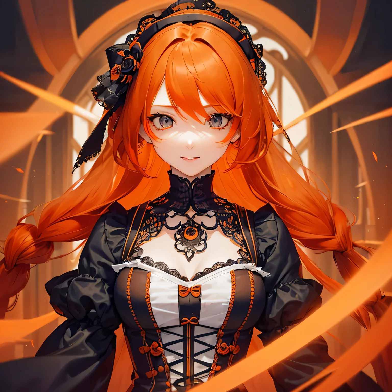 1 girl,Depp's Sense,confused,catch light,Super beautiful illustration,(orange hair,long hairstyles:1.6),turn around,eye shadow,(Red clothes,Gothic Lolita),Upper body,;d,beautiful and delicate flowing hair,delicate and detailed blue eyes,emphasized chest