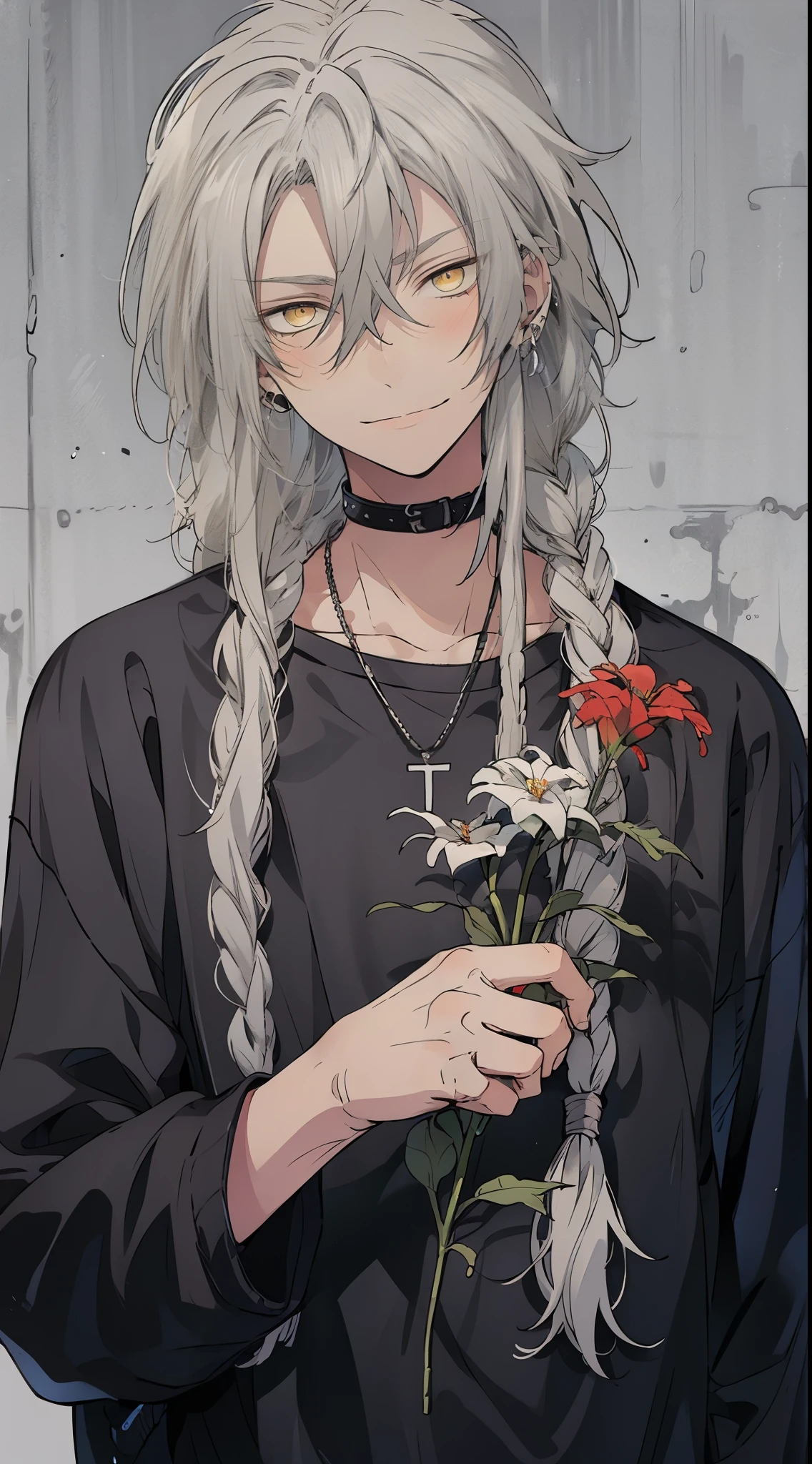 little smile, yellow eyes,Handsome young man with silver-white long hair, partially braided, wearing a short black long-sleeved knit and a white inner T-shirt, holding a flower in his left hand at eye level, against a metal tank background, with a calm expression, looking directly at the camera,high quality, amount of drawing, pixiv illustration