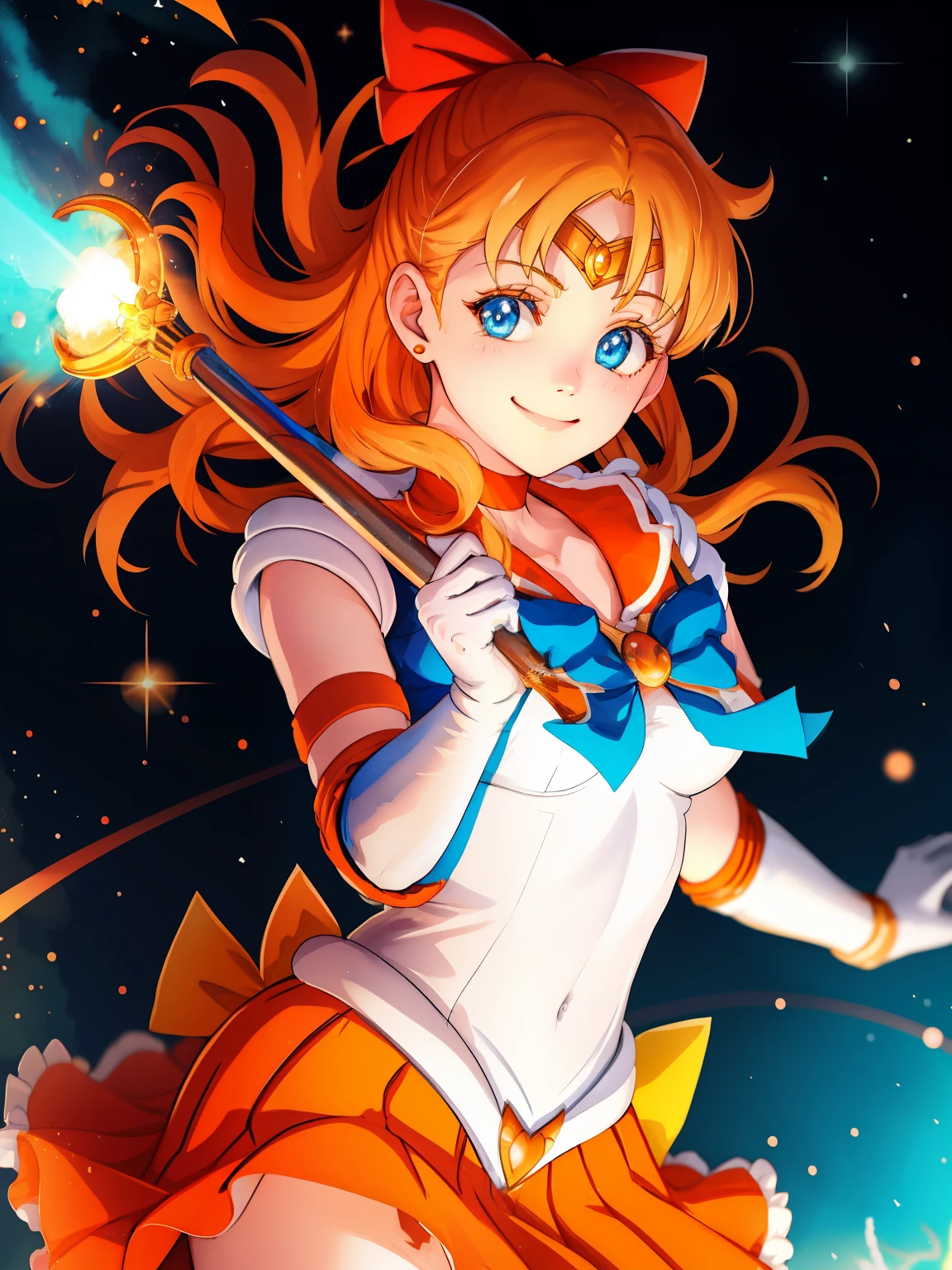 annette_war, blue eyes, orange hair sailor senshi uniform, orange skirt, elbow gloves, tiara, orange sailor collar, red bow, orange choker, white gloves, jewelry, smile