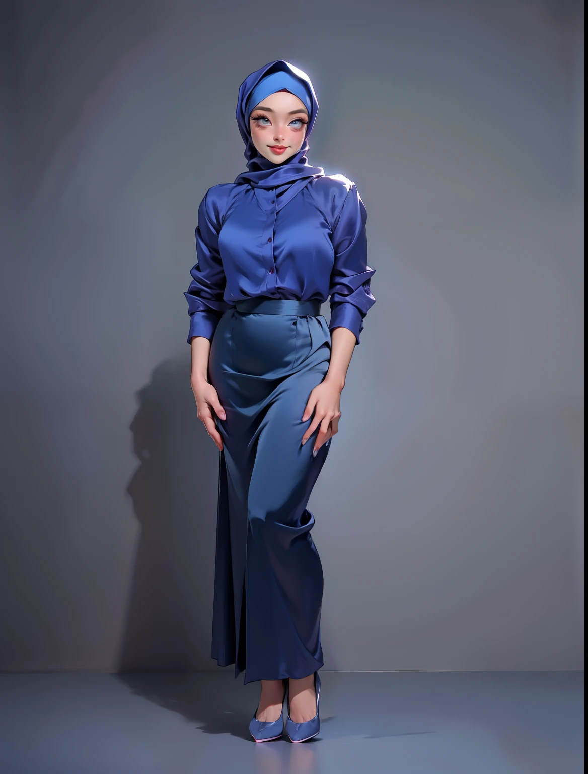 1 malay girl , modern pom-pom hijab, shy, medium portrait shot , watery eyes , blue glowing particles, wear pastel blue high waist pants and white shirts, blue bokeh light background, bright front light,
