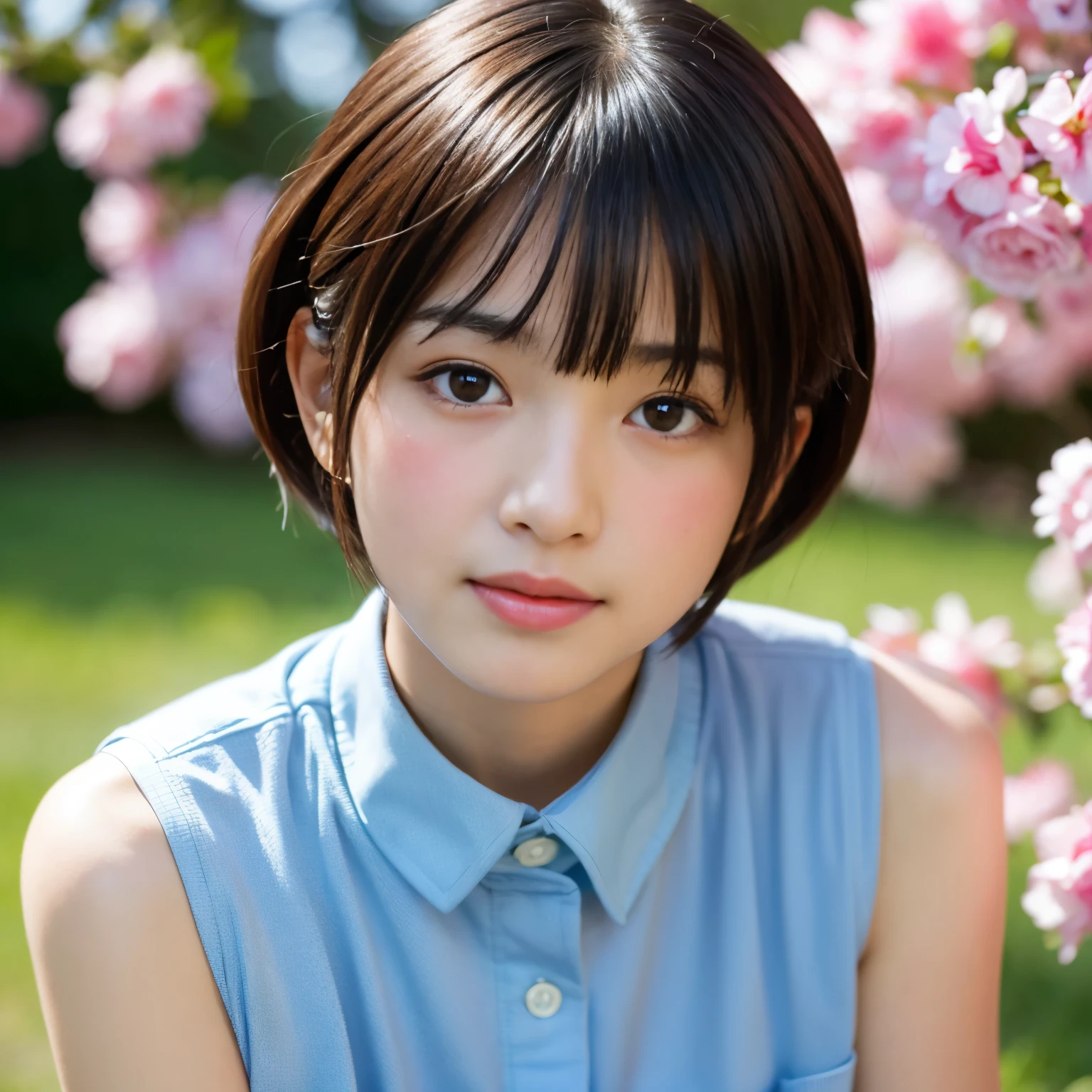 Best-quality, Masterpiece, Ultra-High-Resolution, (Photorealistic:1.4), Raw-Photo, 1girl, the most popular Japanese idol, portrait, face-focus, (((blushing))), extremely cute face like the most famous Japanese idol, extremely beautiful big-black-eyes, extremely beautiful black-short-cut-haired, extremely beautiful skins, extremely beautiful long-eyelashes, extremely beautiful lips