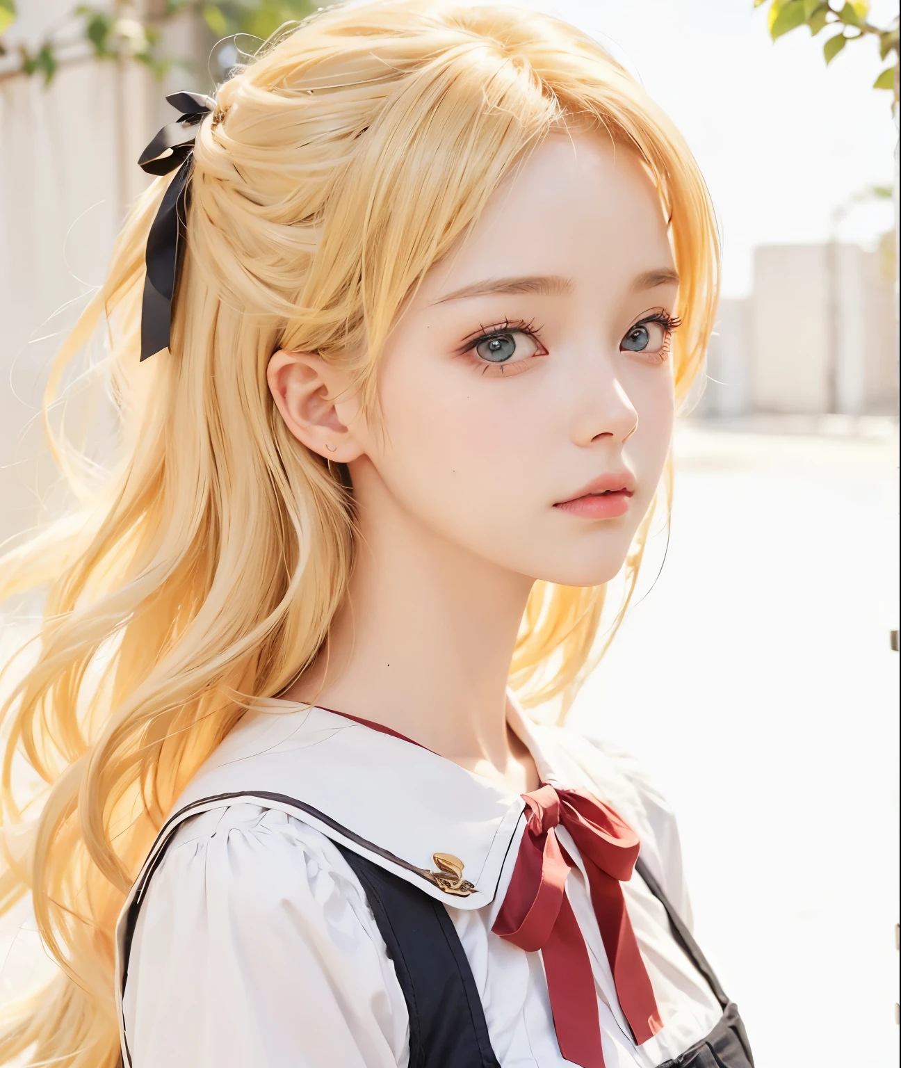 A girl with realistic blonde hair, (same realistic hairstyle), realistic ribbon hair clip, realistic pretty+cute face, realistic cool expression, adapt the same realistic clothes,realistic light, realistic shadows, realistic background, good image quality, very good image results, 4k, ultra detailed, realistic