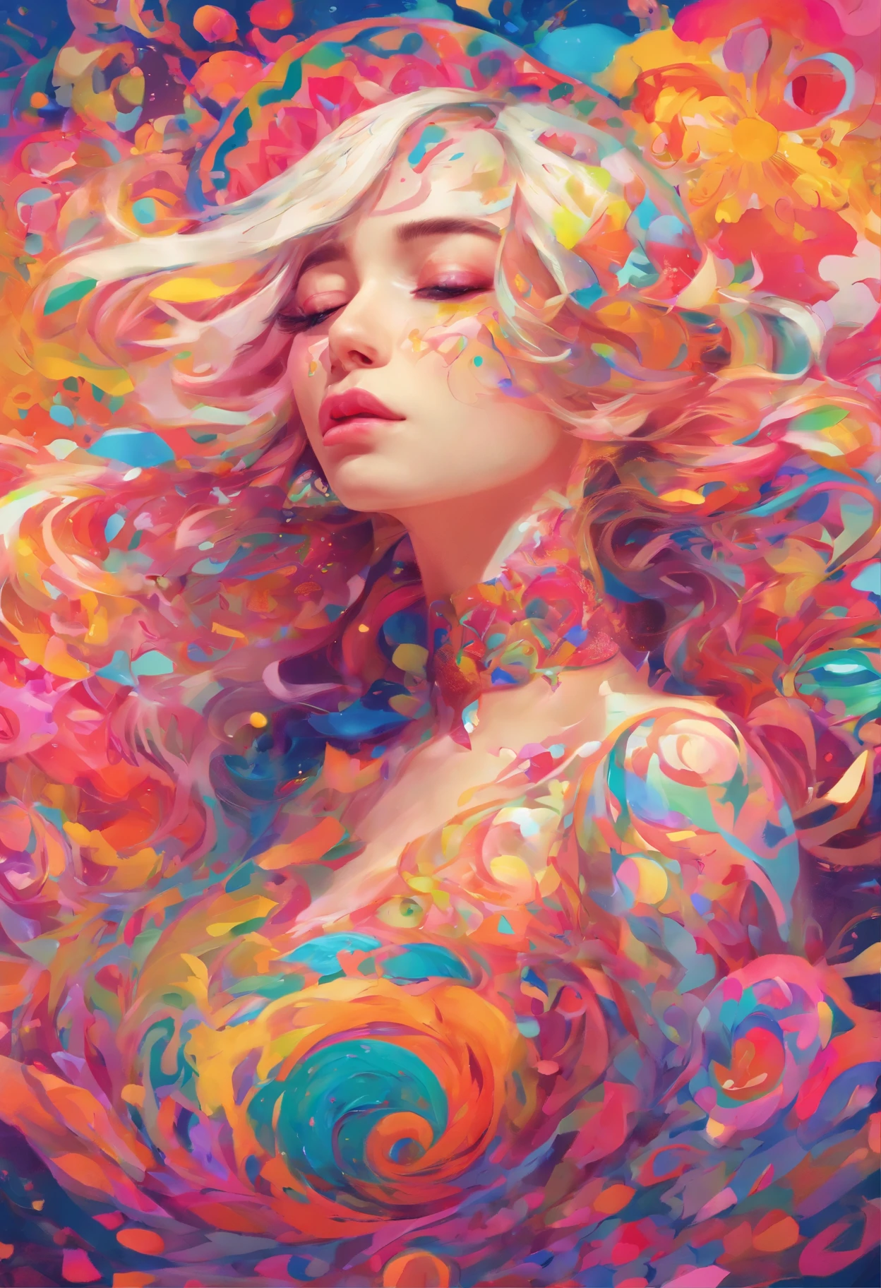 ((top-quality, 8K)), (Realistic), (Face Focus: 1.1), (blanche: 1.3), 18year old、Kawaii Girl, hijabi, cleavage, Facing to the side, Look up at your face, Eyes closed, (Sleeveless: 1.1)、Skirt, D Cup Breasts,Countless petals are falling
