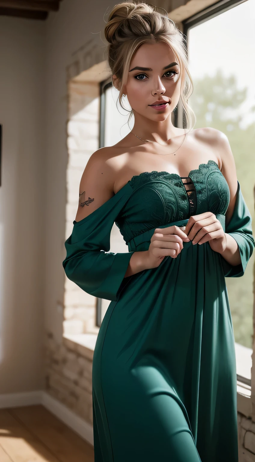 super realistic, Uma mulher jovem e bonita, blonde hair that falls gently in waves up to the shoulders, altura mediana with large breasts that are poking through christmas pyjama shirt (safe for work), olhos grandes e verdes, pele clara, she's in her christmas pyjamas, ela esta em sua cama, fazendo cuidados com a pela antes de dormir, The environment is illuminated with lights of warm and pleasant colors making your hair shine, seu semblante esta naturalmente sereno, lips with red lipstick, Textura 8K, altamente detalhados, realista, soft Cinematic Light, HDR, sharp fokus, obra-prima, fotorrealista, fotografia premiada, Canon EOS R5, 35 mm