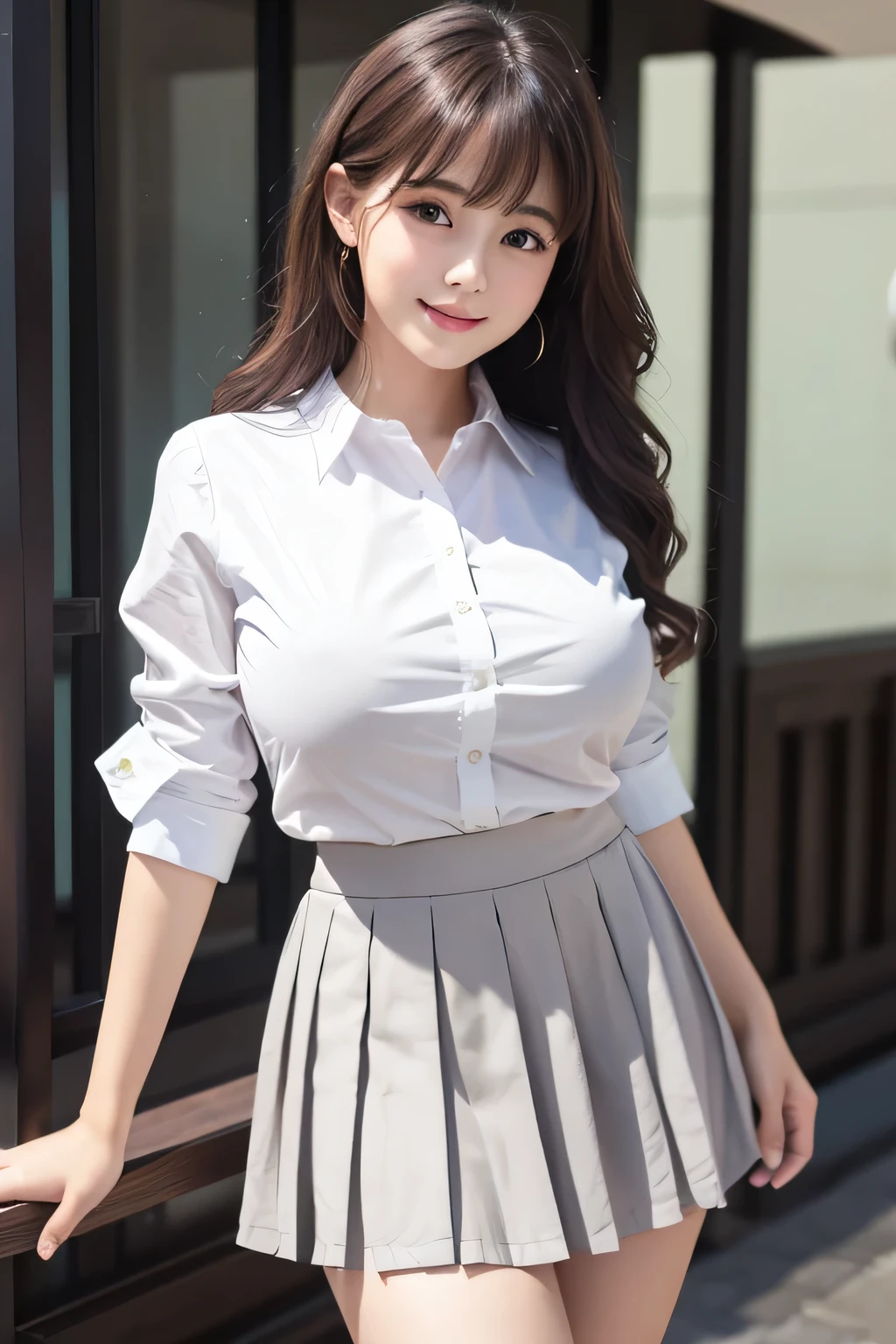 8K, highest quality, real image, intricate details, Super detailed, ultra high resolution, depth field,(realistic,realistic:1.2), frontal shot , From the middle , 1 girl, very beautiful 17 year old girl, Big eyes、beautiful breasts:1.5、huge breasts、highly detailed eyes:1.2)、(beautiful breasts:1.1)、wavy hair、curly hair、bangs, perfect skin, Fair skin, big hips、thick thighs、thin waist, light blush, alone、 looking at the viewer, light smile、(White Y-shirt、dark grey pleated skirt)、Inside the station