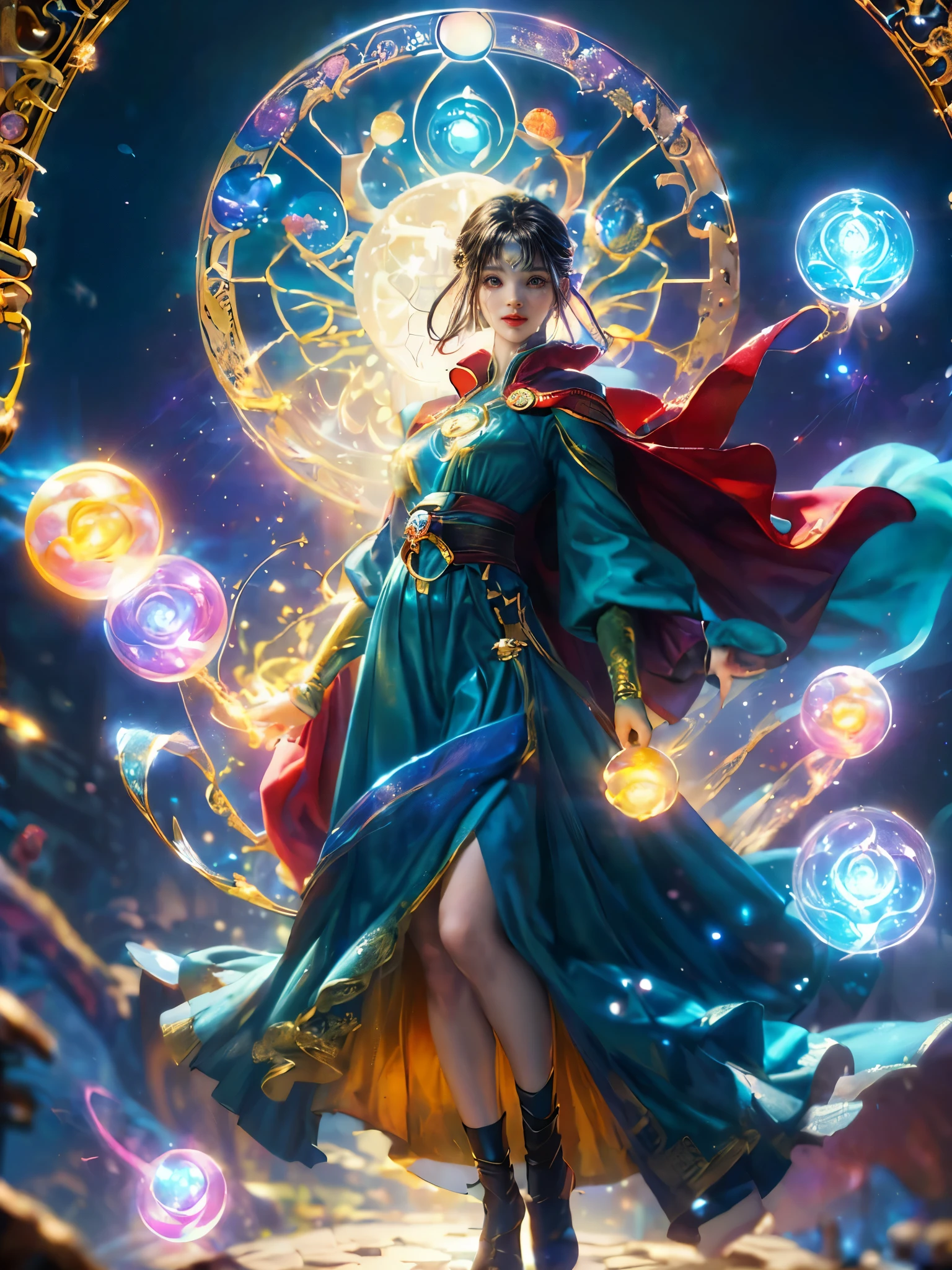 Sparkling, Marvel Universe Doctor Strange world, ((1 beautiful girl wearing Doctor Strange clothes: 1.2, sweet smile: 1.2)), the moon is empty, beautiful girl dressed as Doctor Strange, teaching wand, (hands wrapped around Magic light: 1.5), sky, full moon, fantasy magic style and other decorations, dreamy world, cute cartoon design style, Bubble Mart, bright colors, bright, 1.4 times realism, ultra-high definition, everything is displayed here in beautiful scene, (花卉水彩画:1.5), (Ultra high saturation, bright and vivid colors: 1.5), (nsfw), (Facing the viewer: 1.5)