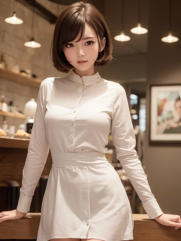 ((Best quality, 8k, Masterpiece :1.3)), 1girl, cafe,kissPretty woman with slender, Super Short Hair,Big Laugh,Long Sleeve,Ultra-detailed face, cute eyes, Double eyelid, Cowboy Shot