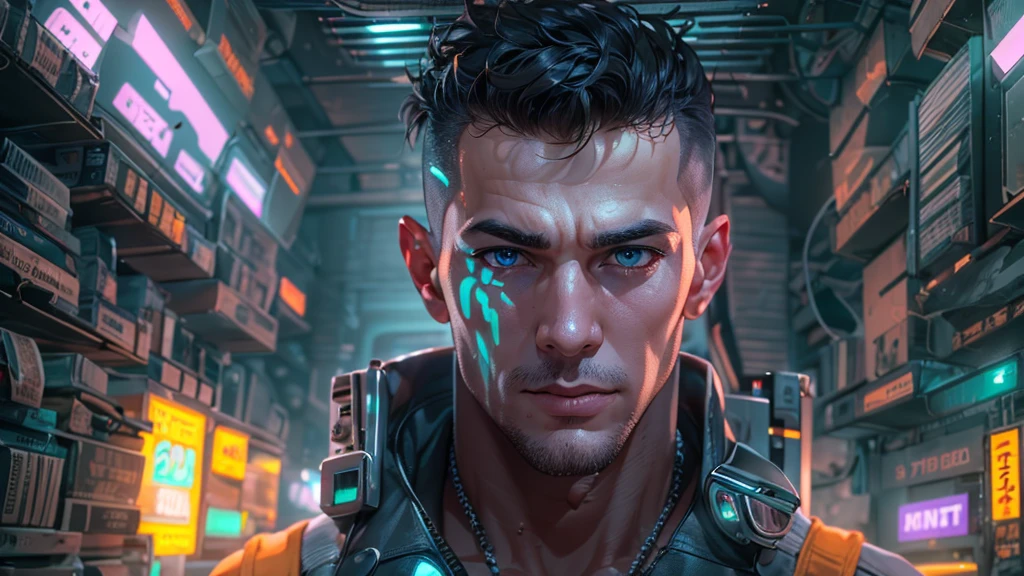 cyberpunk, man, technician, warehouse background, machines, Focus on face and upper body, perfect face, high detail, ultra high definition, 8K