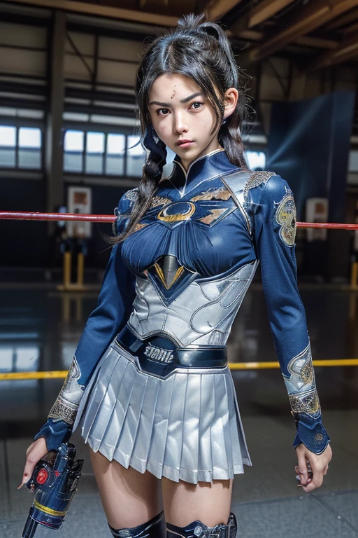 Top quality, masterpiece, 8K, (raw photo:1.1), (ultra high resolution, high definition, extremely detailed:1.3), photorealistic, authentic, professional photo, cinematic lighting, ((correct anatomy, perfect body:1.4)), ((intricately detailed face, symmetrical face:1.5)), ultra-realistic skin texture, sharp focus, depth of field, (from front:1.4), (dynamic:1.2), 1 girl, cowboy shot, (Japanese teen, 16 years old:1.5), ((super heroin:1.2)), solo, black hair, (ponytail:1.1), highly detailed skin, (tanned skin:1.2), ultra-detailed eyes, dark iris, (narrow eyes:1.3), ultra-realistic nose and lips, (tall nose:1.3), glossy lips, expressive face, anger, (slender:1.1), (beautiful breast:1.4), ((dark blue serafuku, long sleeves, pleated skirt, high school uniform of Japan:1.3)), (perfect body proportion:1.5), ((weaponized body, powered suit with weapons:1.5)), (((in combat against terrorists armed with futuristic weapons:1.1))), (((equipped with a large blaster canon, shooting the blaster canon:1.2))), (((1 anti-tank weapon is mounted on the girl’s shoulder:1.4))), ((inside an airport, surrounded by the terrorists, shootout:1.3)))