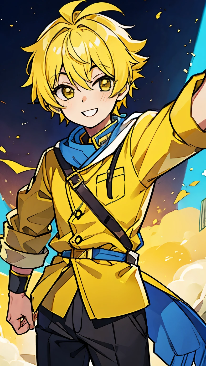 Keita Kazuki, teenage boy, yellow hair, smiling, handsome