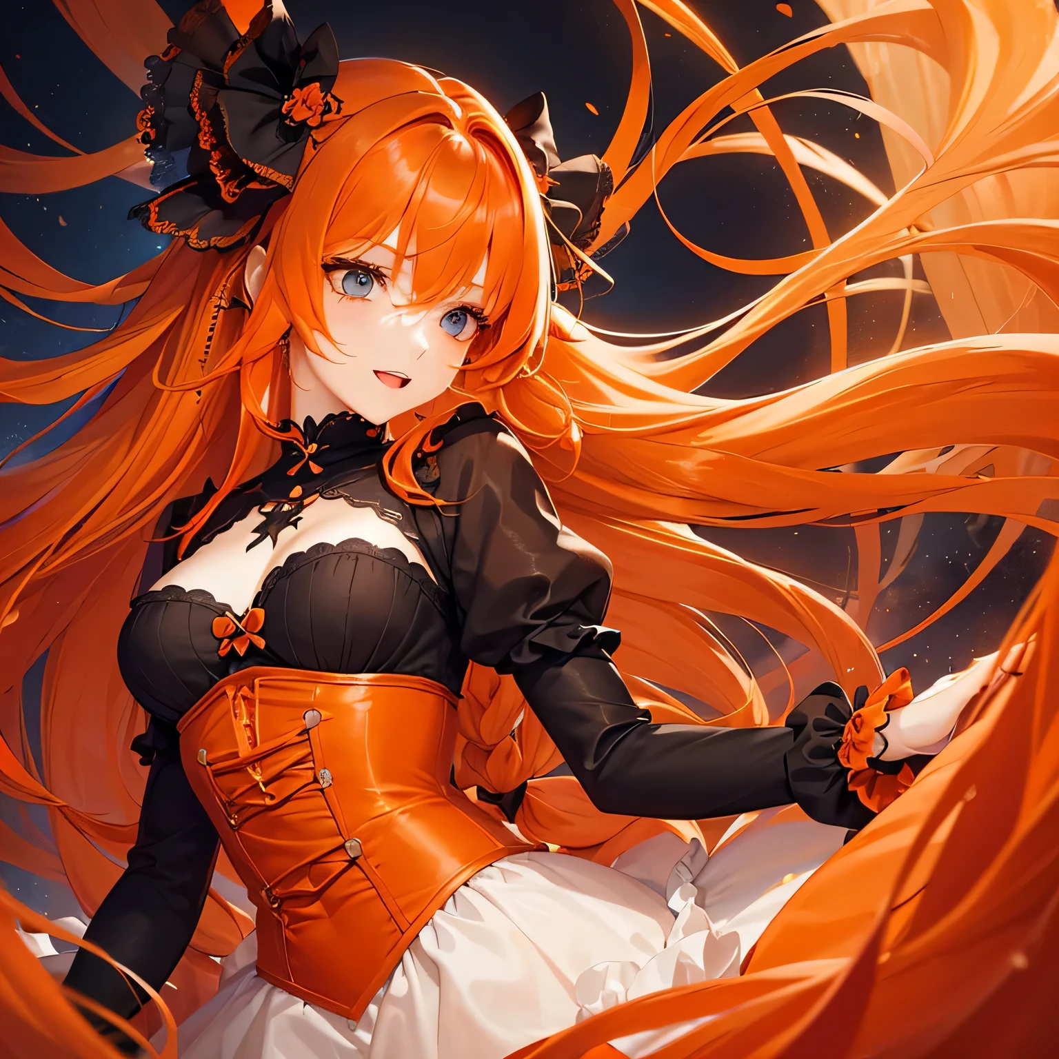 1 girl,Depp's Sense,confused,catch light,Super beautiful illustration,(orange hair,long hairstyles:1.6),turn around,eye shadow,(Red clothes,Gothic Lolita),Upper body,;d,beautiful and delicate flowing hair,delicate and detailed blue eyes,emphasized chest